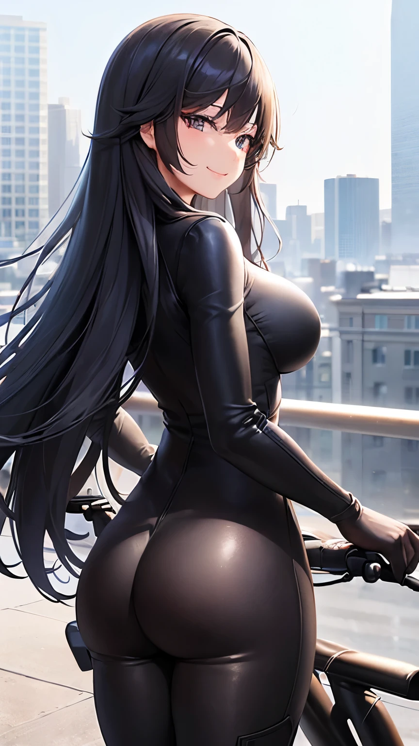 ((masterpiece, Best Quality)), ((hight resolution)), (photos realistic), Best Shadow, high detailing, Very detailed, (nice hand, Perfect hands), (Face Focus:1.2), ((1 girl)), Beautiful Girl, 18 years old, (black long Hair:1.5), (big breasts:1.3), (view from front), (Very slender:1.3), (Cute face:1.3), (look at viewer:1.4), detailed facial features,droopy eyes, Crisp focus, perfect beautiful body and face, Perfectly focused, Long bangs, (in the city:1.4), (enchanting smile:1.5), (black eyes), (bikesuit:1.5), standing, motor sport car
