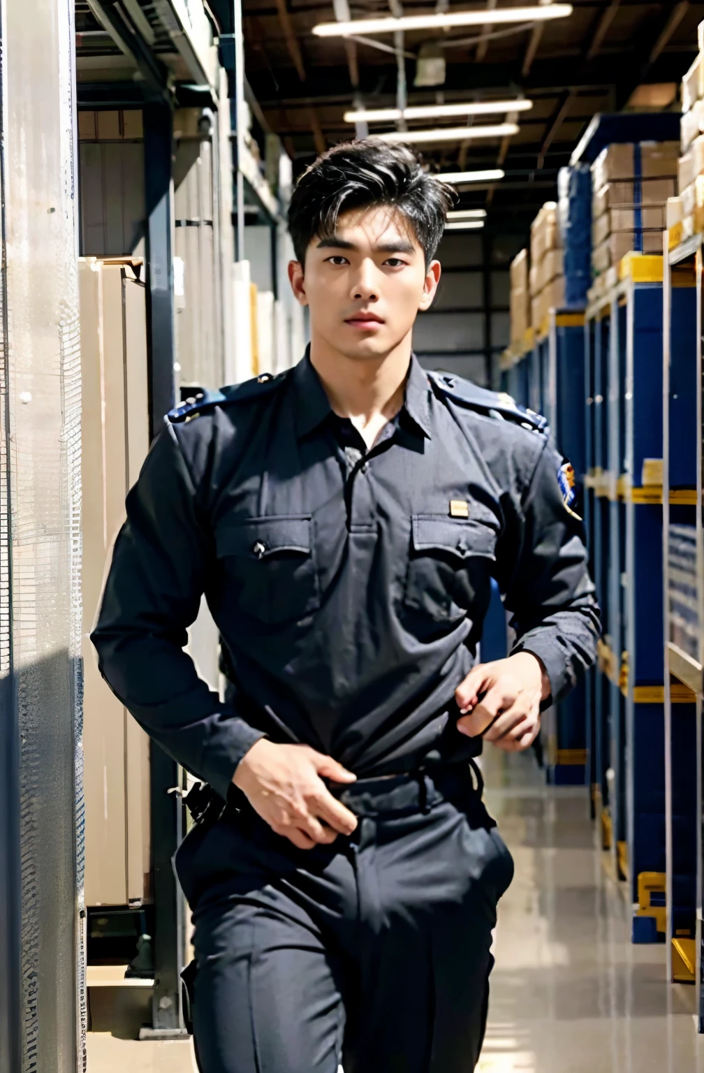 1 handsome Asian guy,27岁policeman,arafed male police 官 in walking down a hallway, , wearing a police , police , full outfit: police, , majestic,Who is Shi Yu?, Li Yuanbin, Kim Hyung Tae, Kim Hyung Tae, Yin Shishan, Handsome Asian muscular guy,Broad shoulders and narrow waist,A handsome guy in police uniform,Form-fitting fabric contours the bust,in a remote warehouse,hands tied behind back,Hands tied behind the back,hands tied behind back,Masculine and sexy,High,Muscles look good,hairy body,Wheat complexion,black eyes(thin eyes 1:3),whole body image