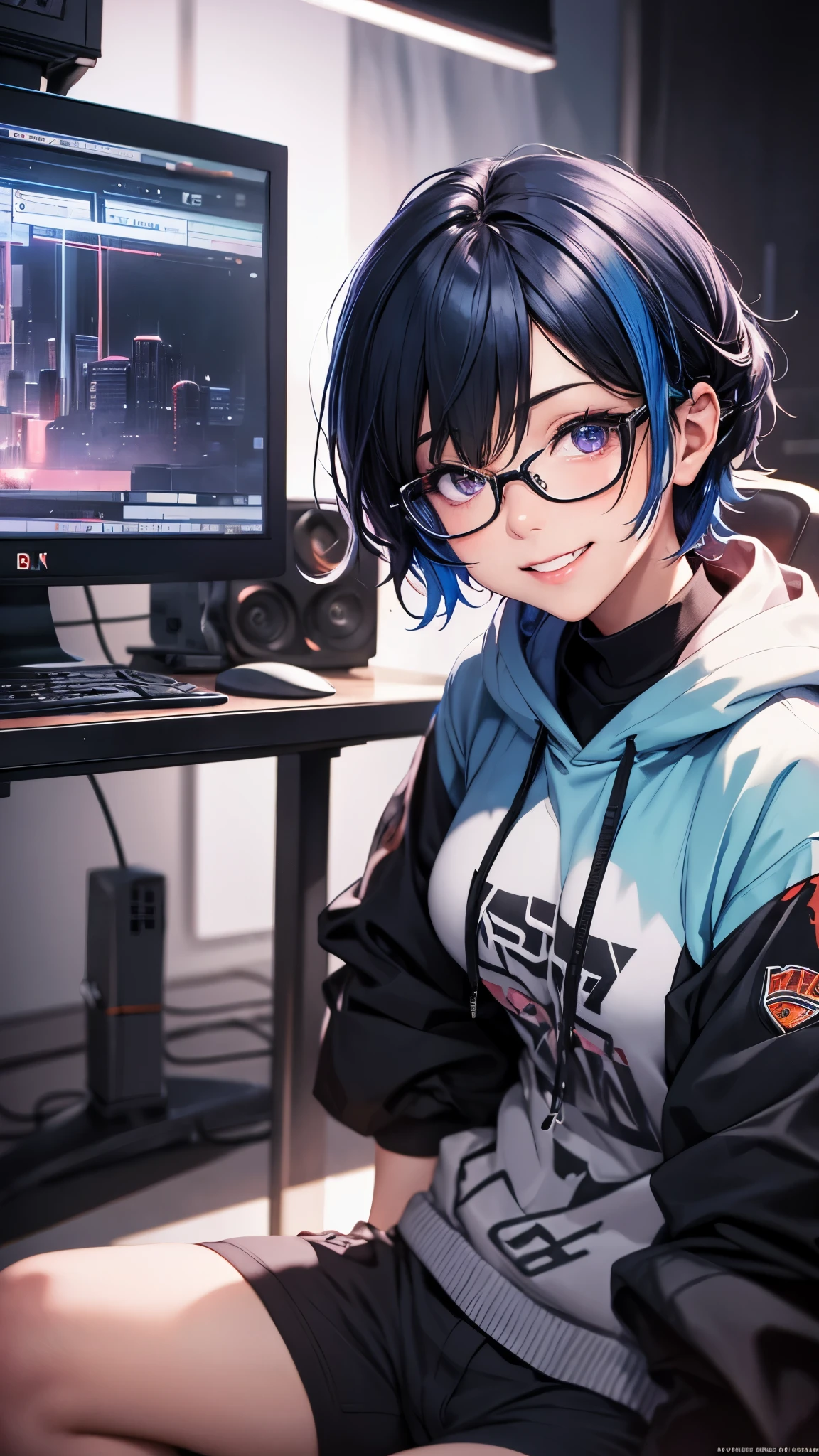 (best quality,4k,8k,highres,masterpiece:1.2),ultra-detailed,(realistic,photorealistic,photo-realistic:1.37),HDR,UHD,studio lighting,ultra-fine painting,sharp focus,physically-based rendering,extreme detail description,professional,vivid colors,bokeh, portraits
Inside the room, gaming room, gaming pc, one 18-aged girl, black short hair colored inner blue hair, sitting on the chair, hugging her legs,grin, smile, wearing glasses, mouth-mask,cyberpunk fashion, hoodie, shorts, race-up-long-boots, vivid colors, studio lighting, ultra-detailed portraits.