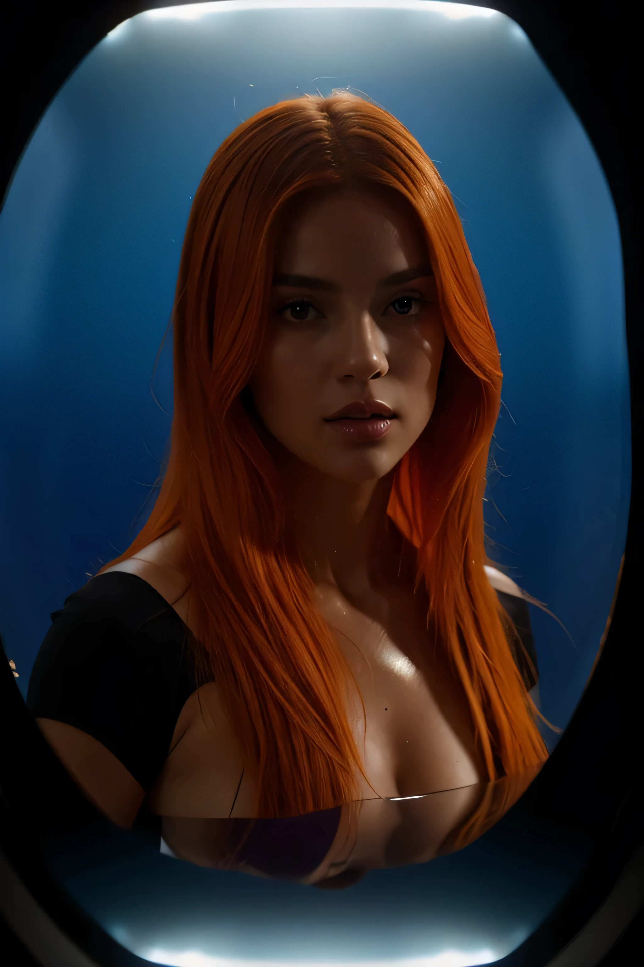 Arafed a full body of a orange-haired Woman , Well Outfit, Fashion Model Well, on de the background A BLUE MOON, photorealism, cinematography, looking at the camera, ((Isolation:1.1 ), (Glaze:1.1), (Reflected light:1.2), Glass, Polygon, extremely detailed, intricate, (((((to the looking at the camera)) )), full shot, 