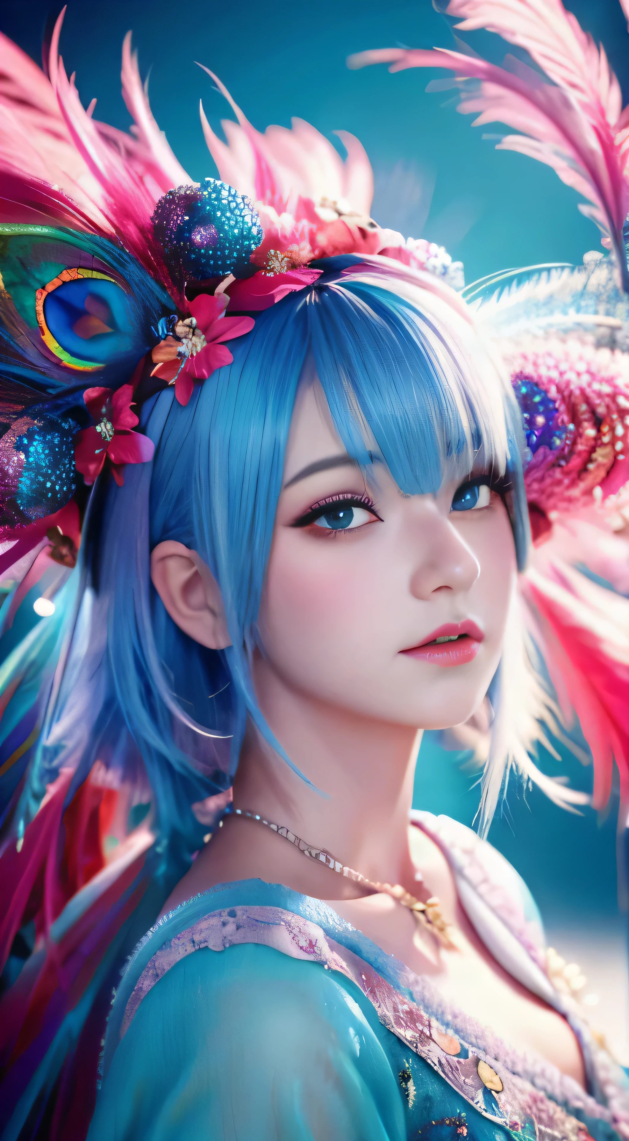 Girl with blue-pink hair and peacock feathers, inspired by Nari Hiko-kun, CGSOCIETY, 🌺 anime style. 8K, anime style 3D, popular on CGSTATION, 8K high quality detail art, Guvez style artwork, fantasy art style, realistic anime 3D style, anime inspiration, anime style mixed with Fujifilm