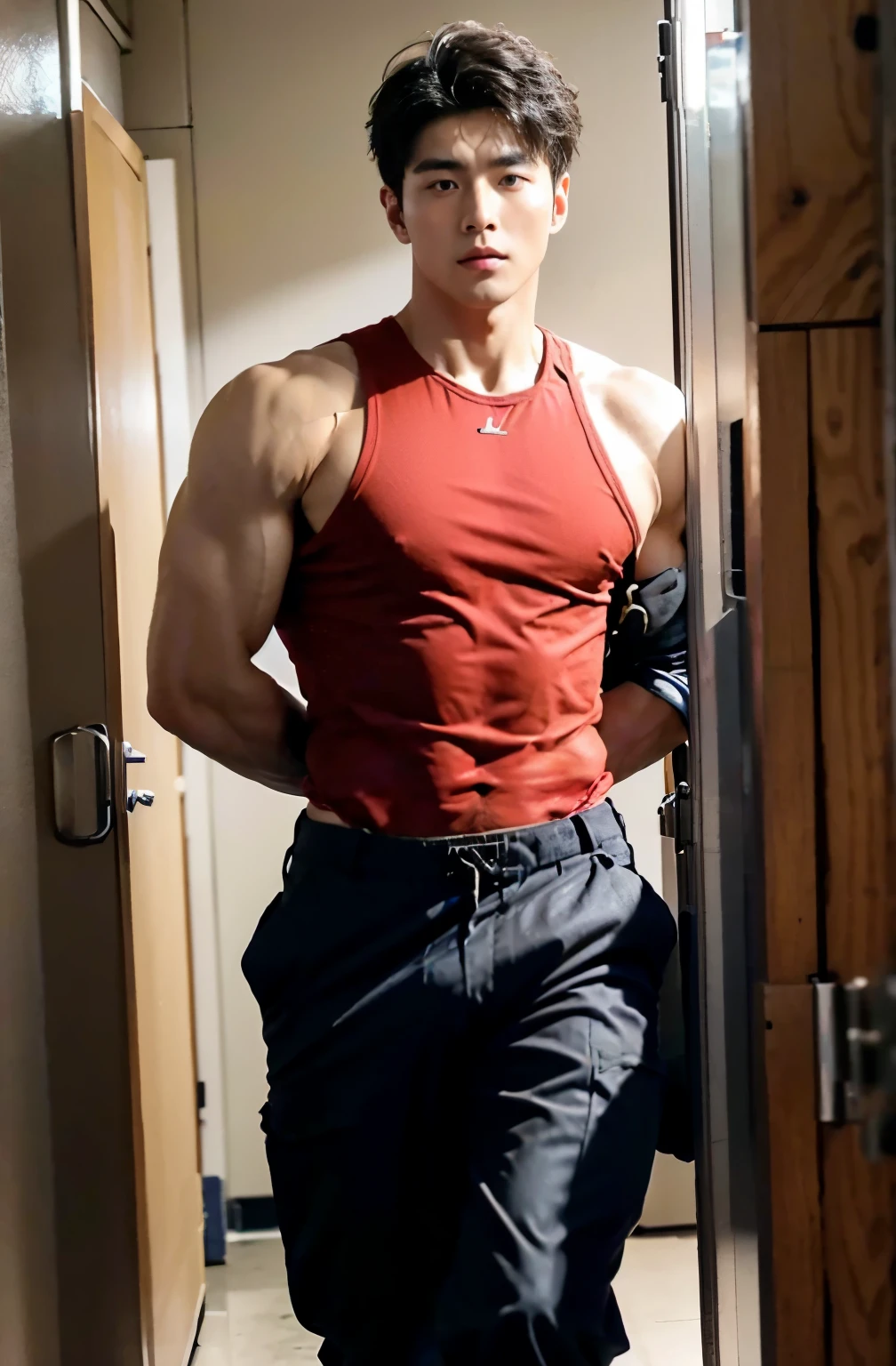 1 handsome Asian guy，27岁policeman，arafed male police 官 in  walking down a hallway, , wearing a police ,  police ,  full outfit: police, , majestic，Who is Shi Yu?, Li Yuanbin, Kim Hyung Tae, Kim Hyung Tae, Yin Shishan, Handsome Asian muscular guy，Broad shoulders and narrow waist，A handsome guy in police uniform，Form-fitting fabric contours the bust，in a remote warehouse，hands tied behind back，Hands tied behind the back，hands tied behind back，Masculine and sexy，High，Muscles look good，hairy body，Wheat complexion，black eyes（thin eyes 1：3），whole body image