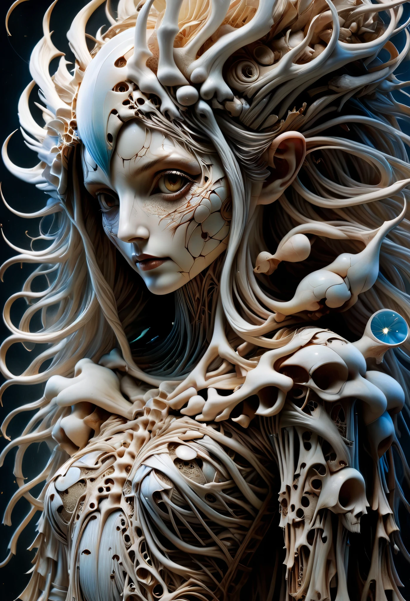 Full body portrait of a haunted speckled hologram, Brian Froud-inspired ethereal creatures with a touch of Cheong-ah Hwang's intricate paper art techniques and Brian M Viveros' evocative allure, focusing on detailed face features including extremely detailed pupils, conveying soft skin,