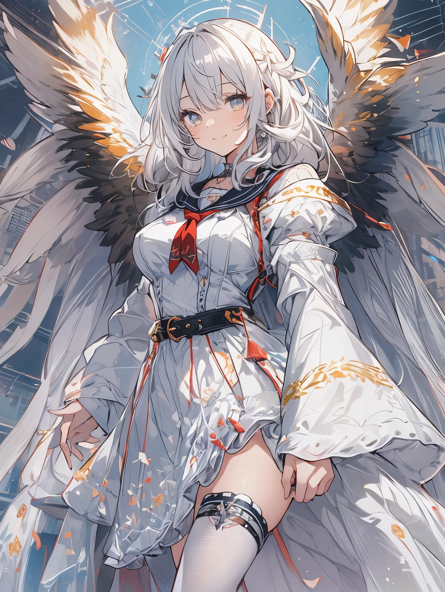 8K resolution, ((highest quality)), ((masterpiece)), ((super detailed)), (very delicate and beautiful), with a girl, solo, gentle expression, she is very(relax)with(Calm)Appearance,gray haired, Depth of the bounds written, bright smile, bright yellow eyes, bright white hair, beautiful background, Long Hair - Linear Art, black skirt, White uniform like a sailor suit, Angel, Angelの白い翼, White feathers fluttering, Eyes that shine like amber, upper eye, wonderful eyes, whole body