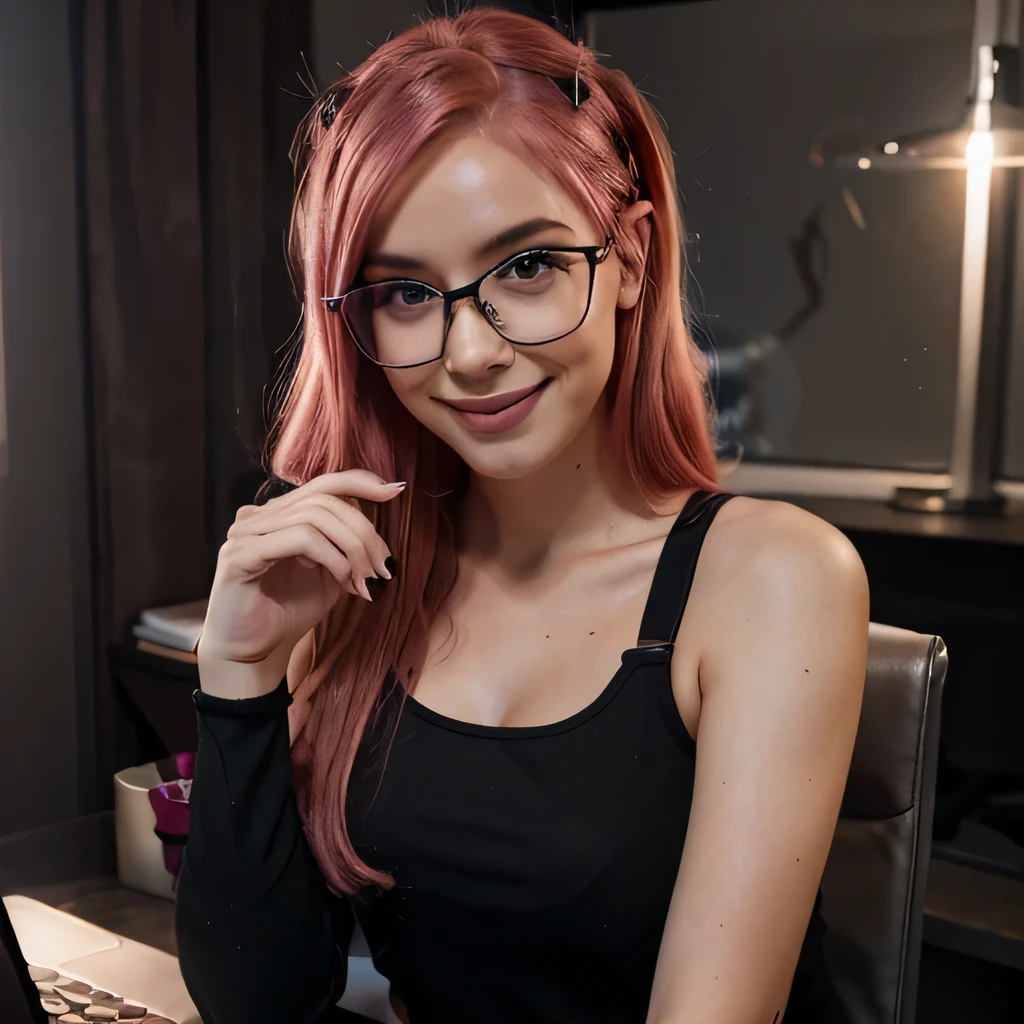 eva elfe, cheveux roses, Haut noir, lunettes, ordinateur, seductive smile, mischievous, Photo shoot, at dusk