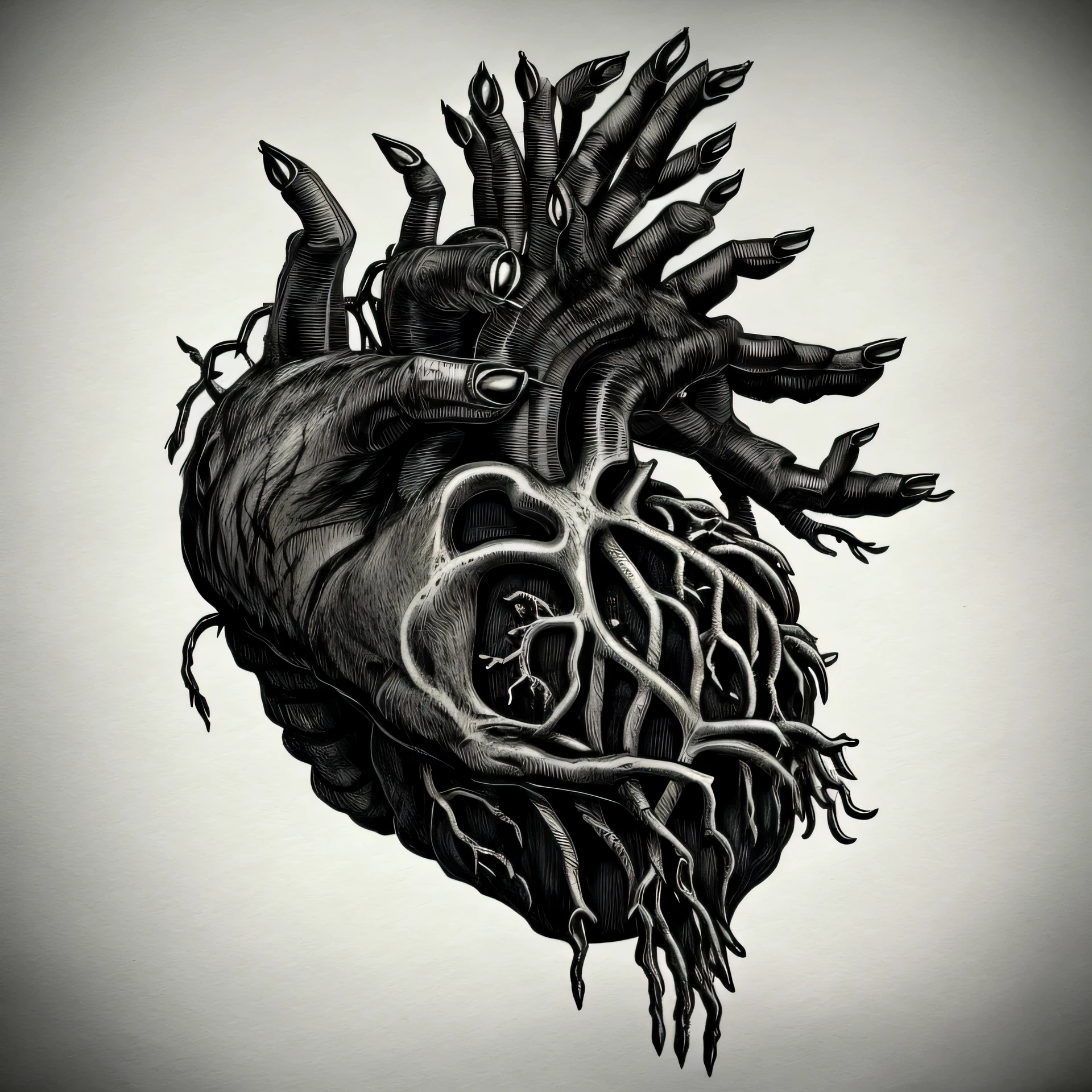 a drawing of a human heart with wolfs on it, true heart, true heart!, anatomical heart, intricate charcoal illustration, gothic wolves, arte escura altamente detalhada, Mark Riddick, anatomically correct heart, dark illustration, Repugnante!!, human heart, very detailed illustration, ( ( ( arte de terror ) ) ), lindo e aterrorizante, horror illustration