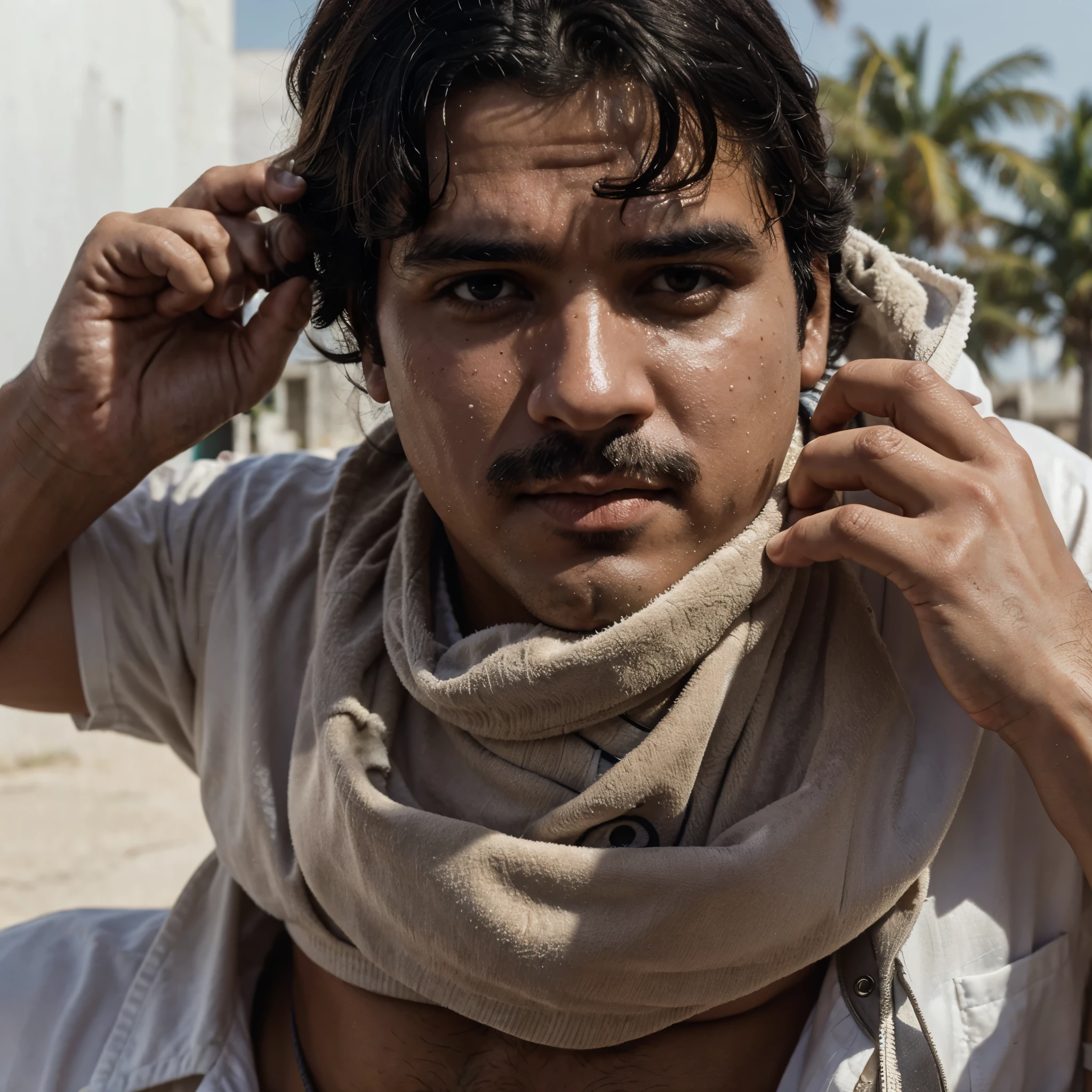 Pablo Escobar with two guns in his hand pointing at the camera sweating and staring at the camera