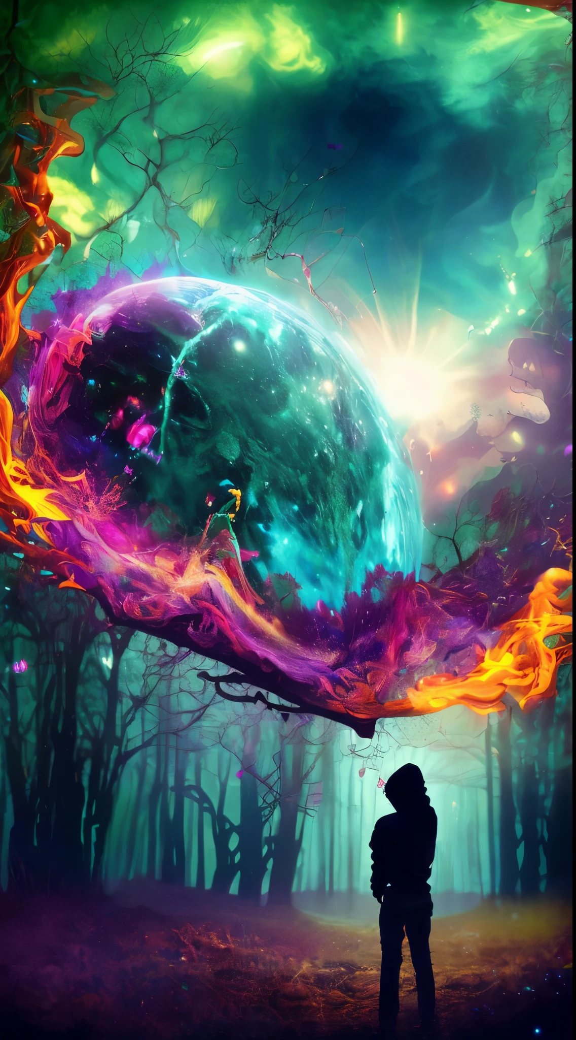 Incredible and spectacular scene, a "((high quality)), (detailed)), ((fantasy)), illustration, perspective (45 degree tilt angle), theme (enchanted forest style), scene elements (handsome boy, beautiful girl), picture quality (3D rendering effect), exquisite details, beautiful lights "emerge from glowing clouds, fractal nebula lines, cosmic entities, celestial bodies, universes, vibrant and vivid, swirling, rotating, impractical, high contrast, co-metabolic, magical, mysterious, mysterious, surreal, Oversaturated, colorful
