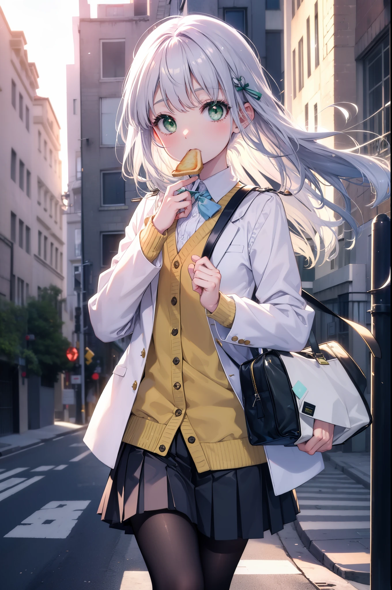 index, index, (green eyes:1.5), silver hair, long hair, (flat chest:1.2),yMedium sleeve shirt,ribbon,Yellow cardigan,blazer,black pleated skirt,white pantyhose,loafers,toast in your mouth, running, city street,morning,morning日,sunrise,A girl running with a student bag,
break looking at viewer, Upper body, ぜん
break outdoors, In town,
break (masterpiece:1.2), highest quality, High resolution, unity 8k wallpaper, (figure:0.8), (detailed and beautiful eyes:1.6), highly detailed face, perfect lighting, Very detailed CG, (perfect hands, perfect anatomy),