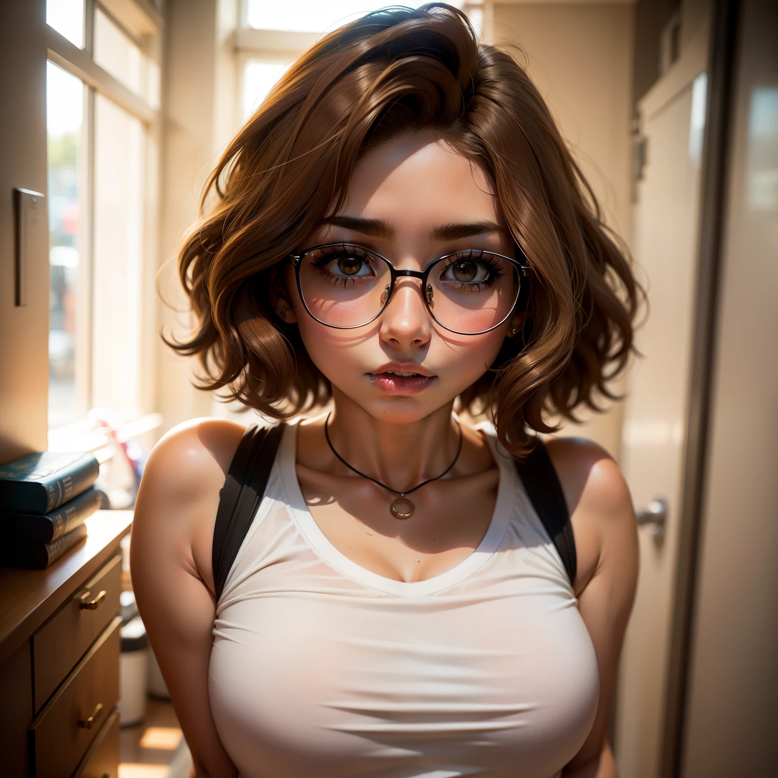 20 years old woman, The hair is smooth and short and at the ends is wavy is light brown, usa gafas, tiene ojos marrones, light brown skin, Your body is BBS and is developed, en la parte superior del cuerpo, senos grandes