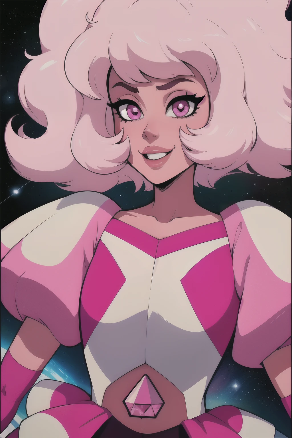 pnkdamond, pink hair, pink eyes, big hair, stomach gem, pink skin, toned,
puffy short sleeves, elbow gloves , white thighhighs, puffy dress,
standing, upper body,
outerspace,
(insanely detailed, beautiful detailed face,beautiful detailed eyes, masterpiece, best quality) cinematic lighting, smile,