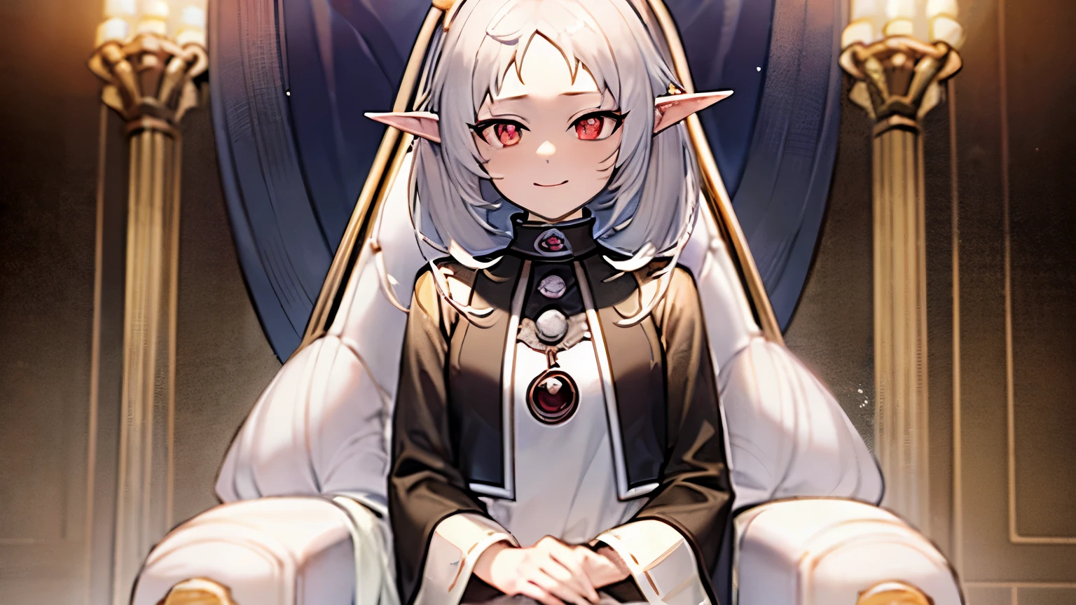 a cute character with a shy smile named Sylphie with elf-like ears and white short hair, the eyes are red colored with black pupils. She wears a crown. The character is wearing a white long-sleeve shirt and a brown skirt, is sitted on the throne amidst a serene and beautifully illuminated throne room. Mushoku Tensei. anime style masterpiece.