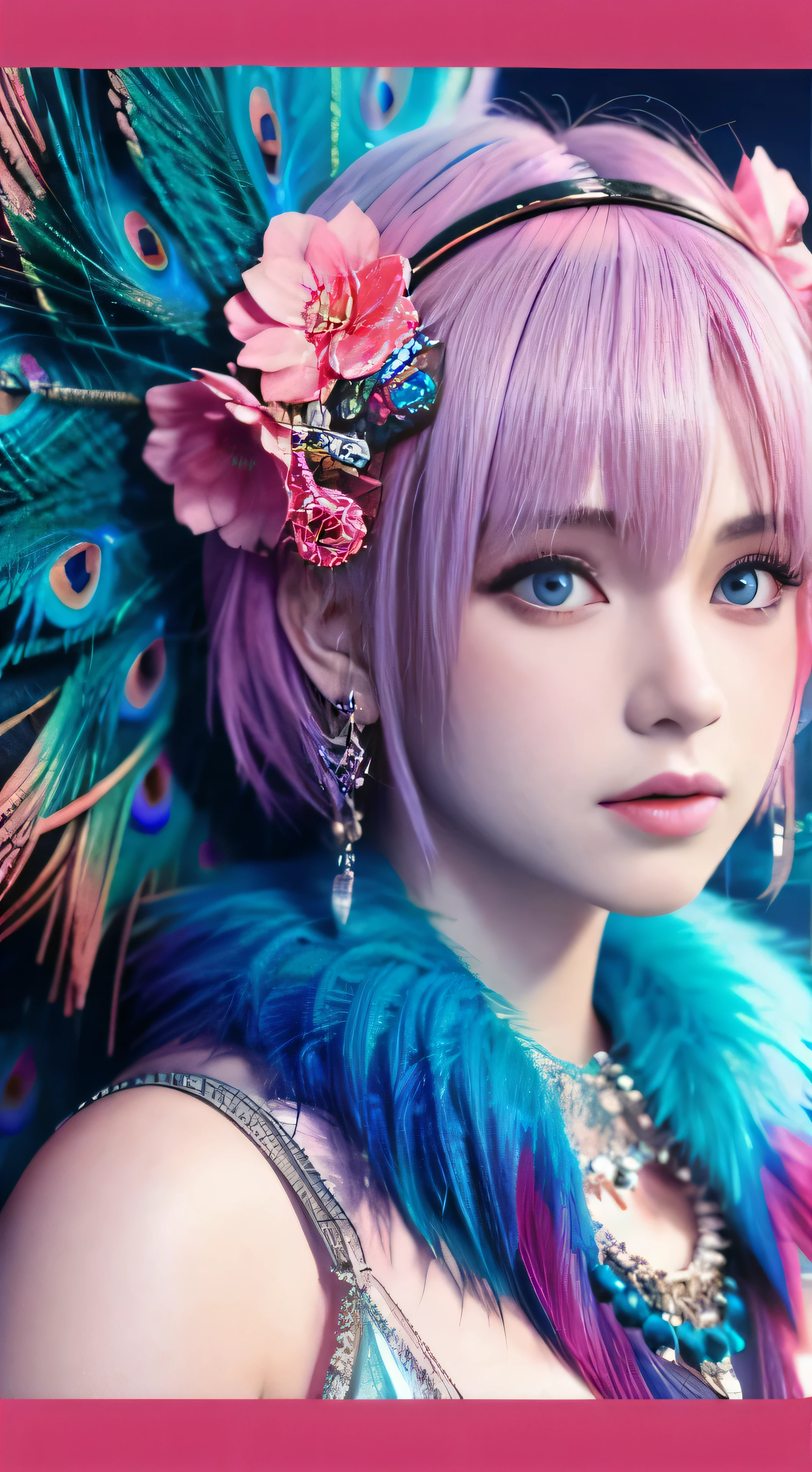 Girl with blue-pink hair and peacock feathers, inspired by Nari Hiko-kun, CGSOCIETY, 🌺 anime style. 8K, anime style 3D, popular on CGSTATION, 8K high quality detail art, Guvez style artwork, fantasy art style, realistic anime 3D style, anime inspiration, anime style mixed with Fujifilm