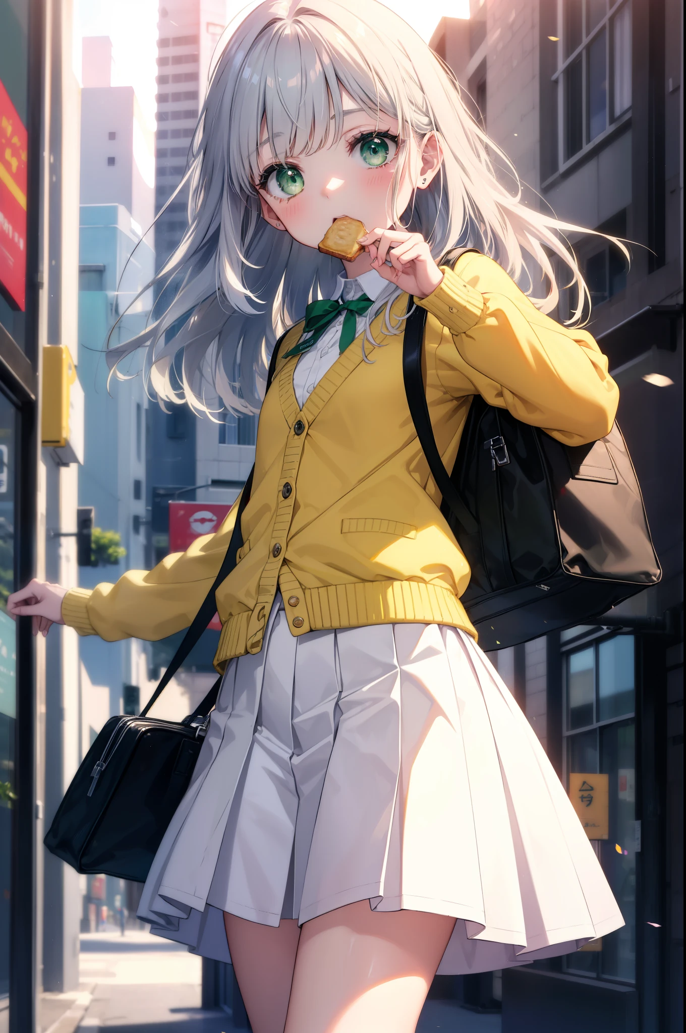index, index, (green eyes:1.5), silver hair, long hair, (flat chest:1.2),yMedium sleeve shirt,ribbon,Yellow cardigan,blazer,black pleated skirt,white pantyhose,loafers,toast in your mouth, running, city street,morning,morning日,sunrise,A girl running with a student bag,
break looking at viewer, Upper body, ぜん
break outdoors, In town,
break (masterpiece:1.2), highest quality, High resolution, unity 8k wallpaper, (figure:0.8), (detailed and beautiful eyes:1.6), highly detailed face, perfect lighting, Very detailed CG, (perfect hands, perfect anatomy),