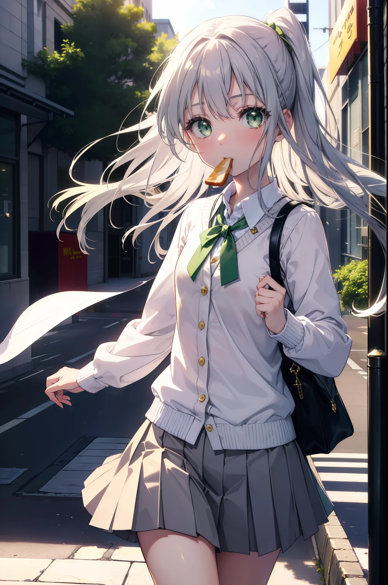 index, index, (green eyes:1.5), silver hair, long hair, (flat chest:1.2),yMedium sleeve shirt,ribbon,Yellow cardigan,blazer,black pleated skirt,white pantyhose,loafers,toast in your mouth, running, city street,morning,morning日,sunrise,A girl running with a student bag,
break looking at viewer, Upper body, ぜん
break outdoors, In town,
break (masterpiece:1.2), highest quality, High resolution, unity 8k wallpaper, (figure:0.8), (detailed and beautiful eyes:1.6), highly detailed face, perfect lighting, Very detailed CG, (perfect hands, perfect anatomy),