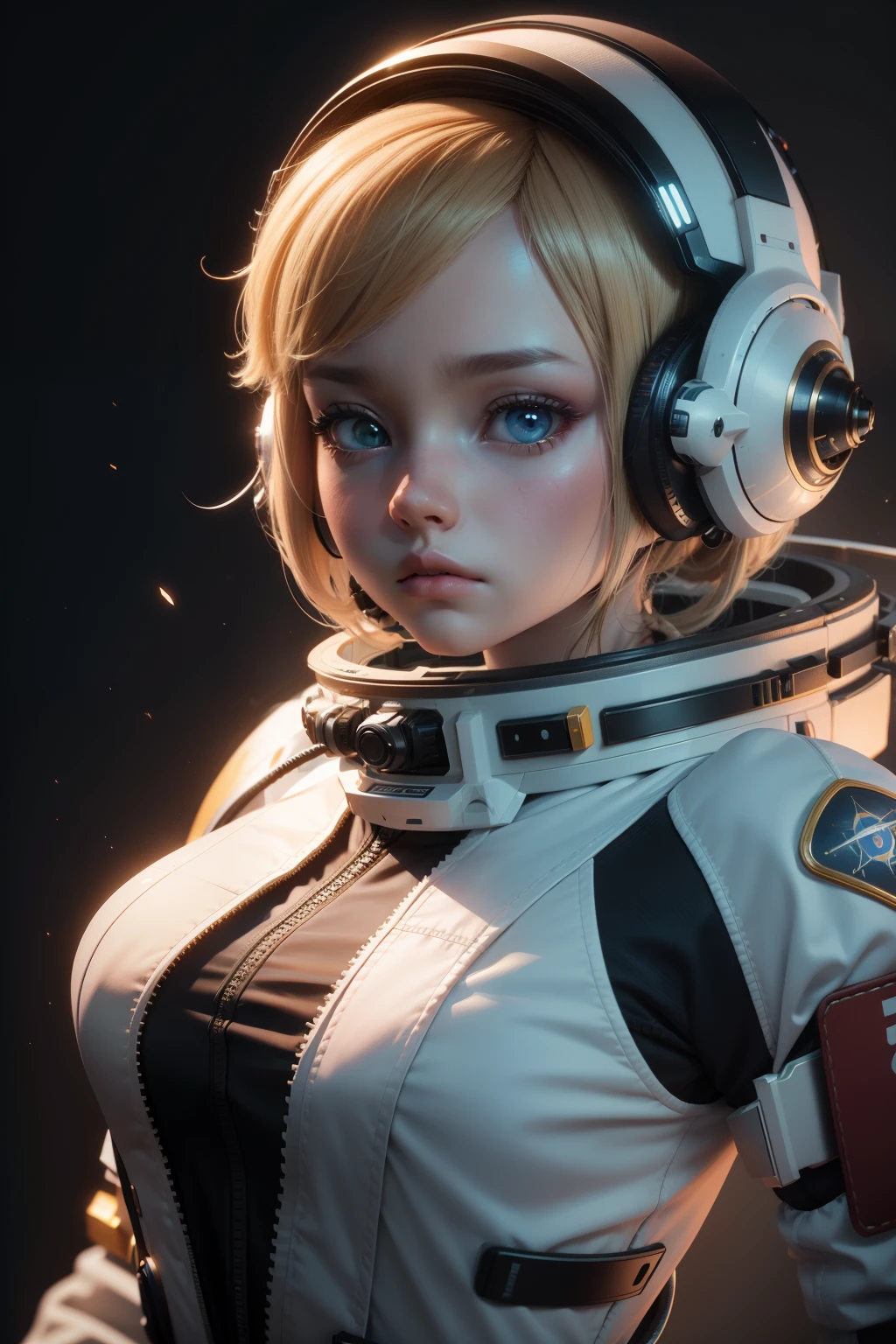 There is a close-up of a doll in a spacesuit, Rendu portrait 8k, portrait anime space cadet girl, pouty look :: rendering by octane, 8 k cg render, portrait of an ai astronaut, girl in space, 3 D rendering character art 8 K, Soft portrait shot 8 K, Personagem pequeno. Unreal Engine 5, 3 d render 8 k shoot，