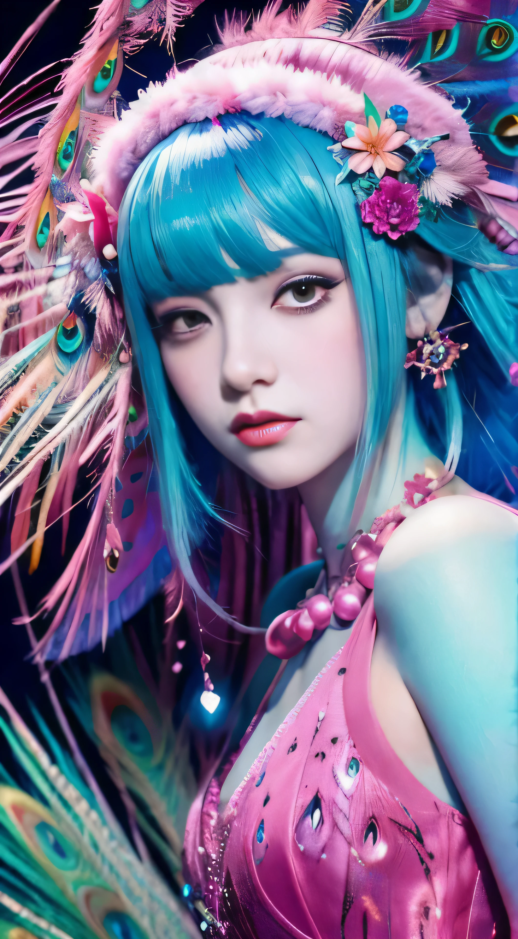 Girl with blue-pink hair and peacock feathers, inspired by Nari Hiko-kun, CGSOCIETY, 🌺 anime style. 8K, anime style 3D, popular on CGSTATION, 8K high quality detail art, Guvez style artwork, fantasy art style, realistic anime 3D style, anime inspiration, anime style mixed with Fujifilm