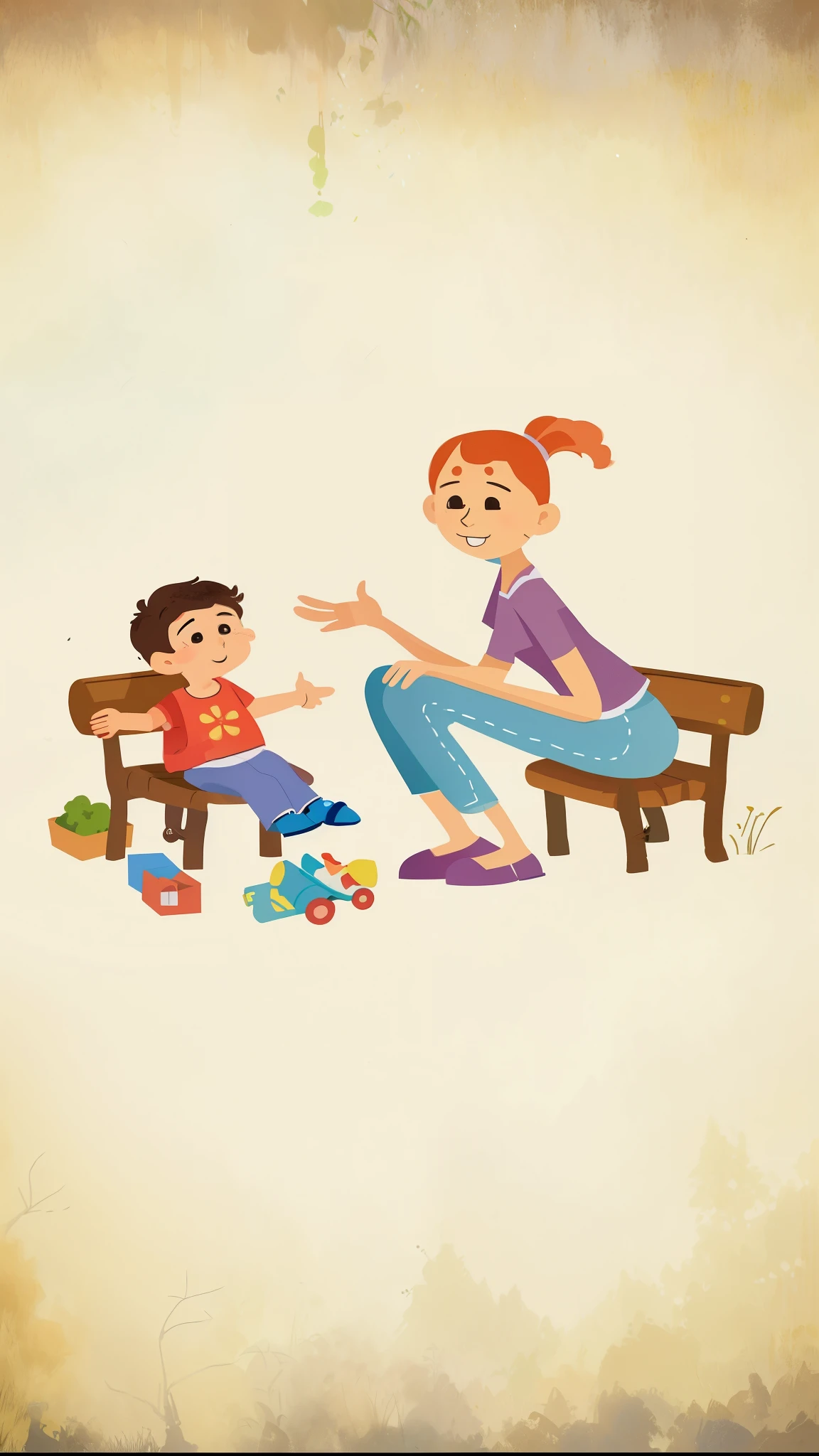 There is a woman and a man sitting on a bench, children illustration, children book illustration, illustration!, childrens illustration, kids book illustration, childrenbook illustration, illustration for children, childrens book illustration, children’s book illustration, children's book illustration, illustrative storytelling, children's illustration, cartoon style illustration, author:Christopher Jefarovich