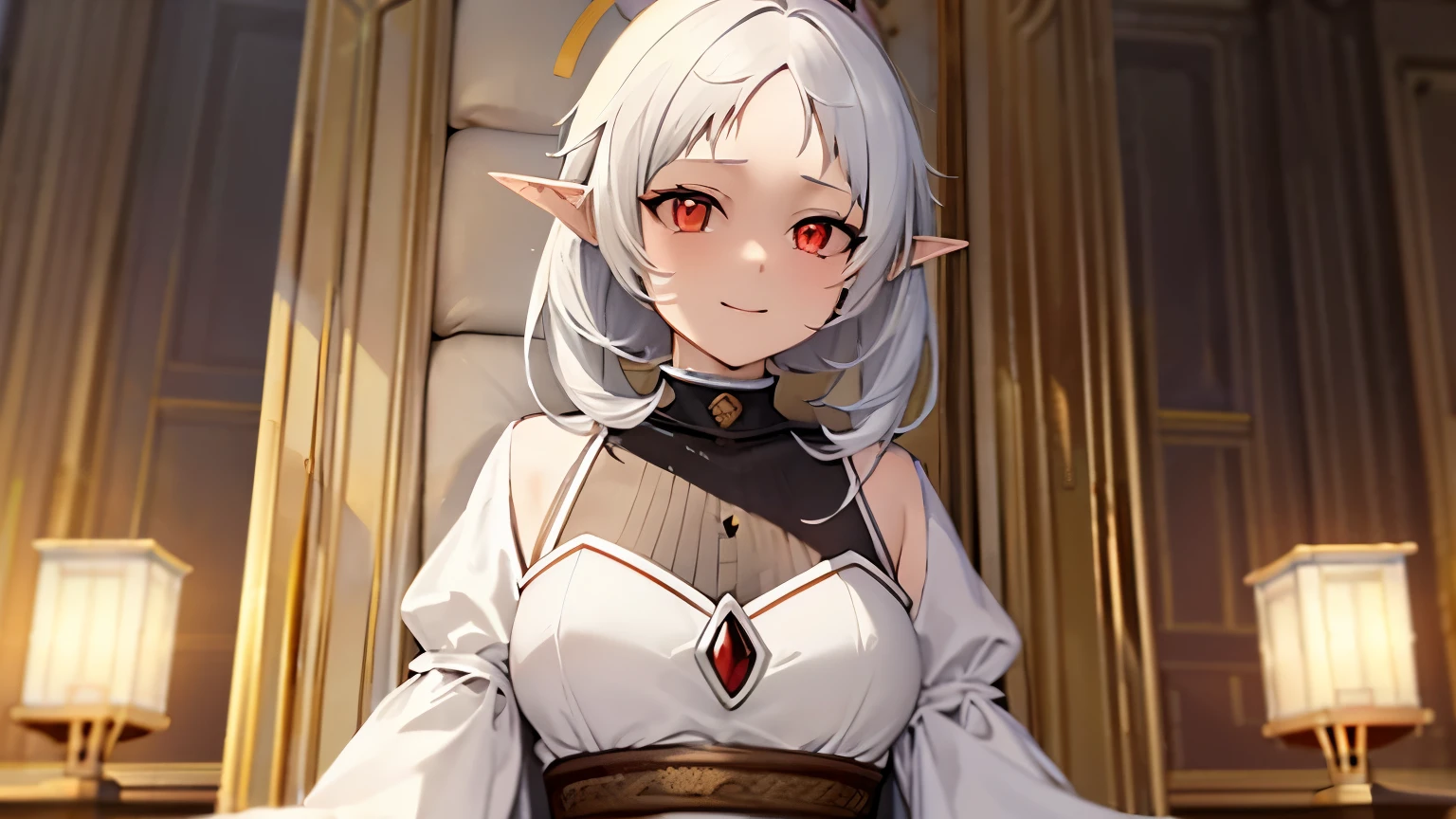 a cute character with a shy smile named Sylphie with elf-like ears and white short hair, the eyes are red colored with black pupils. She wears a crown. The character is wearing a white long-sleeve shirt and a brown skirt, is sitted on the throne amidst a serene and beautifully illuminated throne room. Mushoku Tensei. anime style masterpiece.