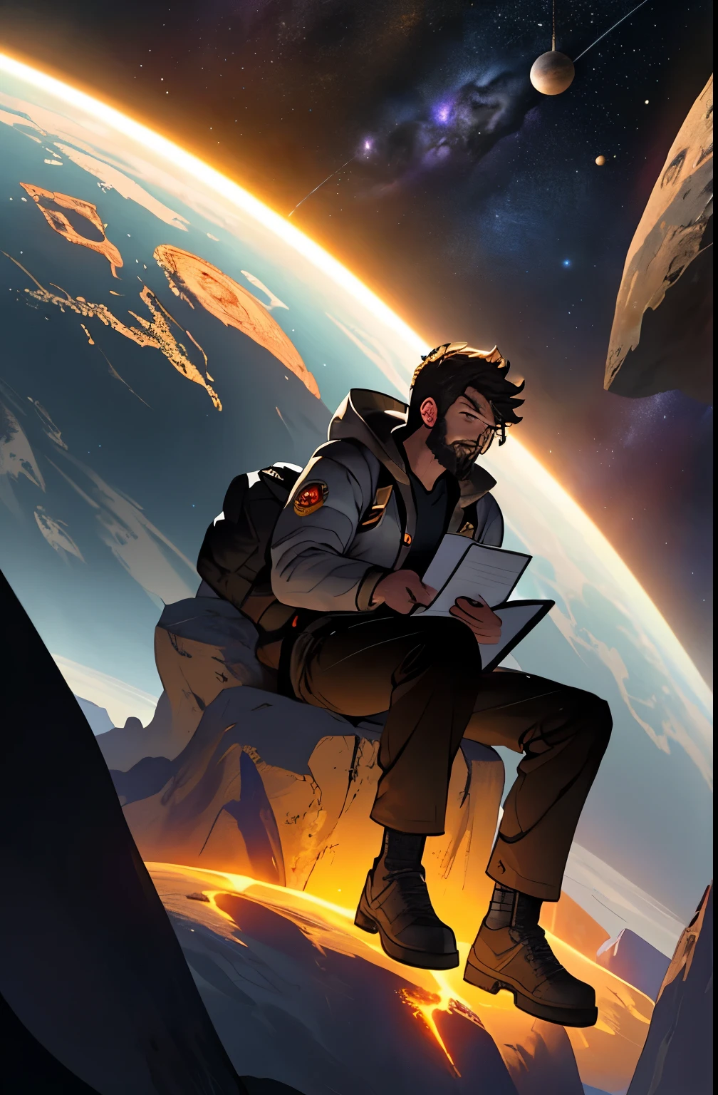 Draw a young programmer, sitting on a research platform floating in the middle of an asteroid belt. He is studying with a notebook, surrounded by several asteroids glowing with fiery auras. Dramatic lighting from distant stars and planets illuminates the scene, casting deep shadows on the suit. The young man looks confident and determined, looking at the vast and mysterious universe with wonder and respect,facial hair, cowboy shot,