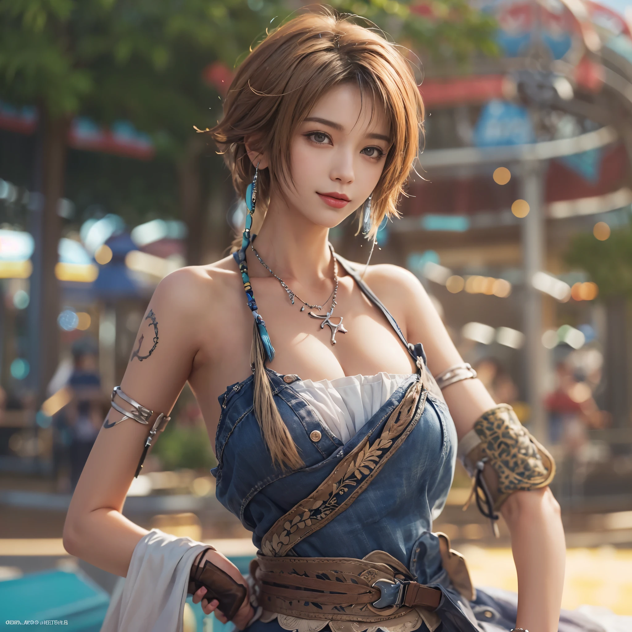 4k,1、(((topless))), High resolution, super detailed), 1 female, 28 years old, Final Fantasy Yuna x2, More mature, ((simple background)), plain background, ((There is nothing in the background)), surreal, Yuna&#39;s Final Fantasy costume, Yuna&#39;s original costume design from Final Fantasy X2, (((nsfw://www.Creative Uncut.。.。.and/Gallery-01/ff10-2-Yuna 2...html))), Denim shorts exposed to tatters, Features of asymmetrical clothing, belt on left hip, Optimal clothing simulation, not a necklace, 1 female, Windy nights, Yuna's Bob Hairstyles, Big breasts, cleavage, middle_chest, thick body, smile, , close up shot, shot from the front, zoomed in shot, Access HIPS image scope, smile with closed mouth, from head to waist, Characters looking at the camera, I&#39;m watching you, Yuna FFX, blue bead earrings,(((Only the upper body is naked))),smile,(((amusement park))),(((dance)))