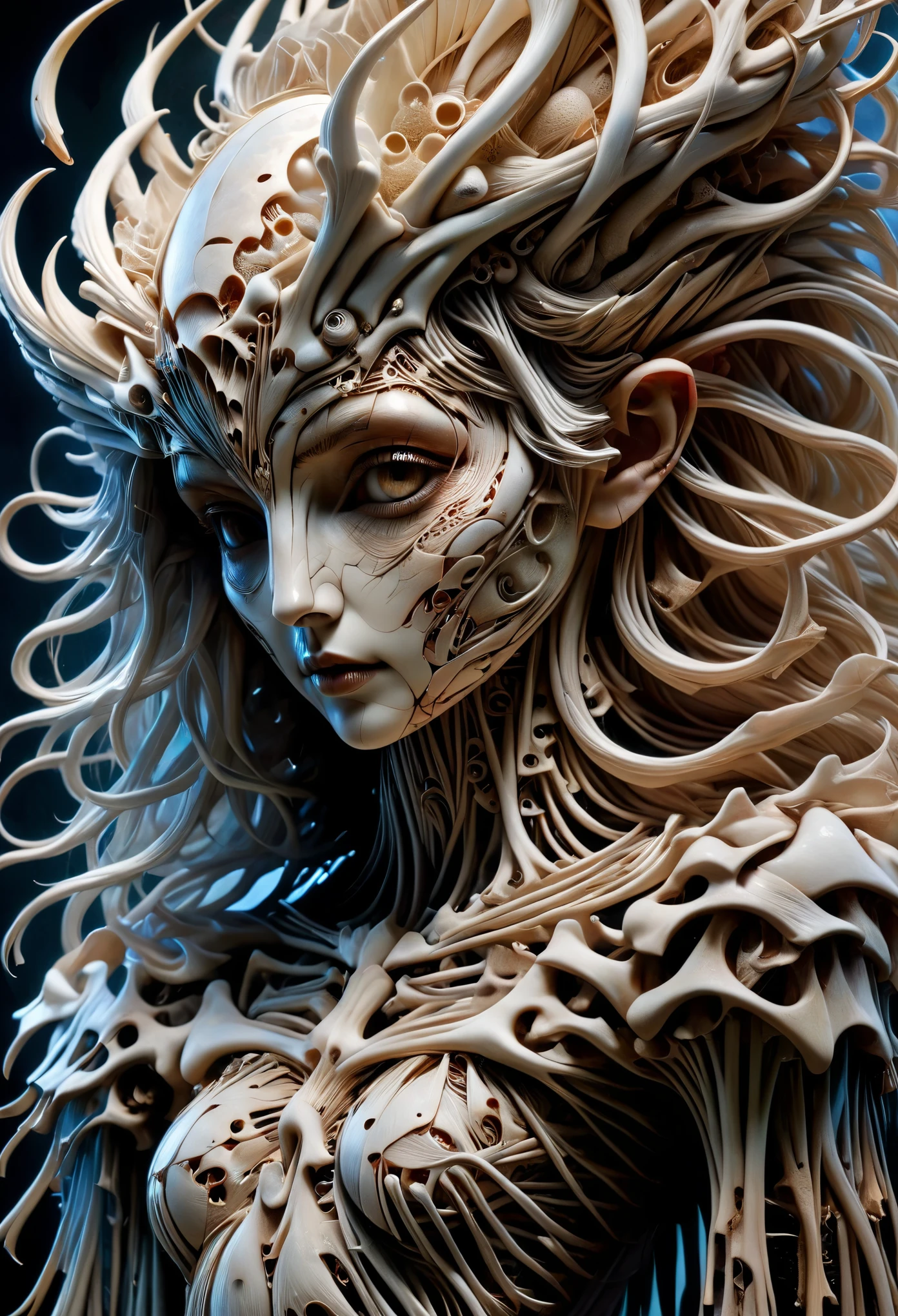 Full body portrait of a haunted speckled hologram, Brian Froud-inspired ethereal creatures with a touch of Cheong-ah Hwang's intricate paper art techniques and Brian M Viveros' evocative allure, focusing on detailed face features including extremely detailed pupils, conveying soft skin,