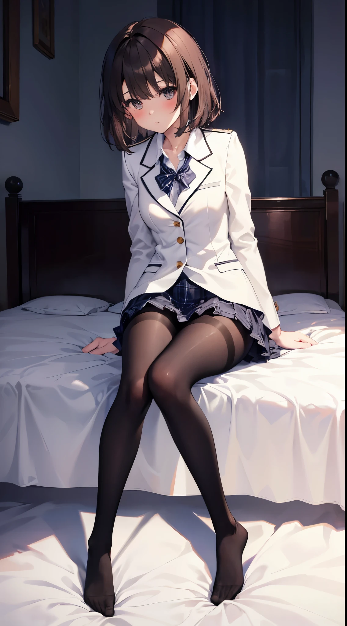 finest, masterpiece, High resolution, (Full body view from head to toe), Composition from slightly below the front, Symmetrical, 18 years old, slim and beautiful girl, alone, (small breasts), (not wearing shoes),Unkempt brown hair, bangs, (black tights), (black pantyhose), (Pose with legs spread on the bed), tied up with both arms hidden behind the back, (Composition showing white panties), (her legs spread、I can see white panties.), blush, shy big eyes, looking at camera, blazer uniform, plaid pleated skirt