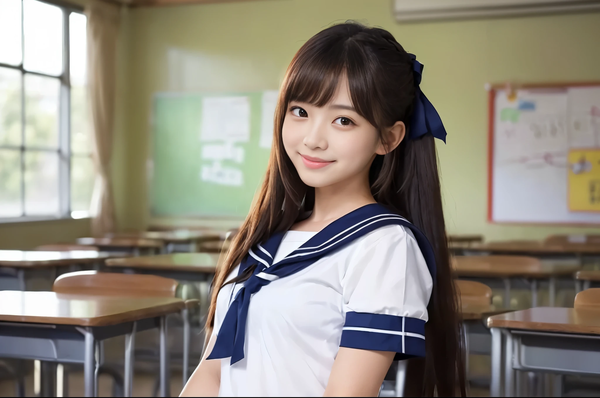 (((Draw only one woman: 2))), Beautiful 18 year old Japan woman, (High school girl in a sailor suit with short sleeves and ribbons: 1.5), (Japan strict girls' school sailor uniform), ( High school girl sitting in the Japanese school classroom: 1.2), ((1screen)), in 8K, RAW shot, top quality photo, masterpiece, Amazing realism photos, (lighting like a movie:1.5), ((Anatomically correct proportions: 1.5)), ((perfectly proportions)), Cute girl like an idol in Japan, ((round baby face)), Detailed face, Detailed eyes, Narrow Nose, Detailed skin, (Beautiful long hair: 1.5), (portlate:1.5), Smiling side angle, ((upper body:1.5)),