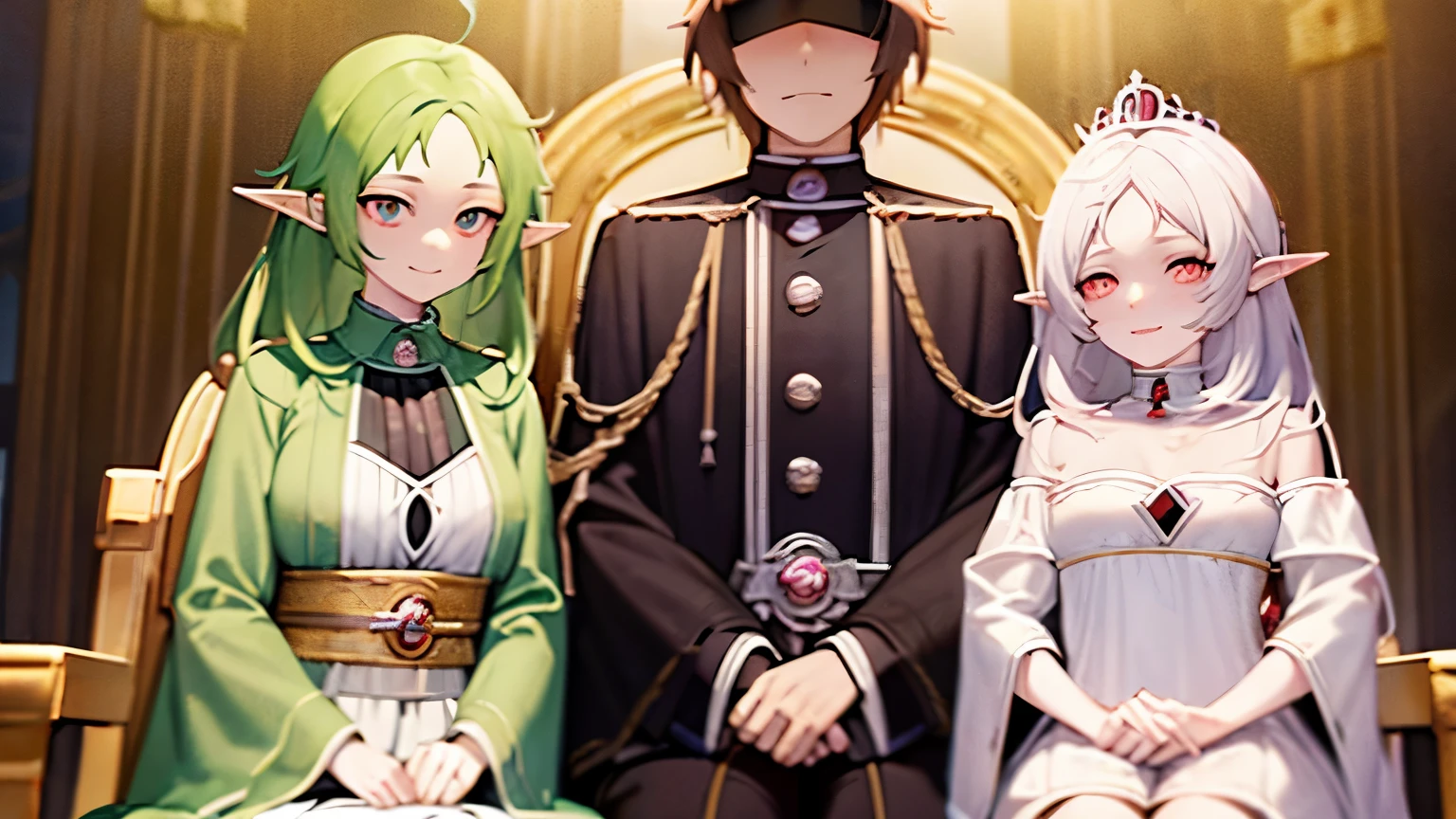 a cute character with a shy smile named Sylphie with elf-like ears and white short hair, the eyes are red colored with black pupils. She wears a crown. The character is wearing a white long-sleeve shirt and a brown skirt, is sitted on the throne amidst a serene and beautifully illuminated throne room. Mushoku Tensei. anime style masterpiece.