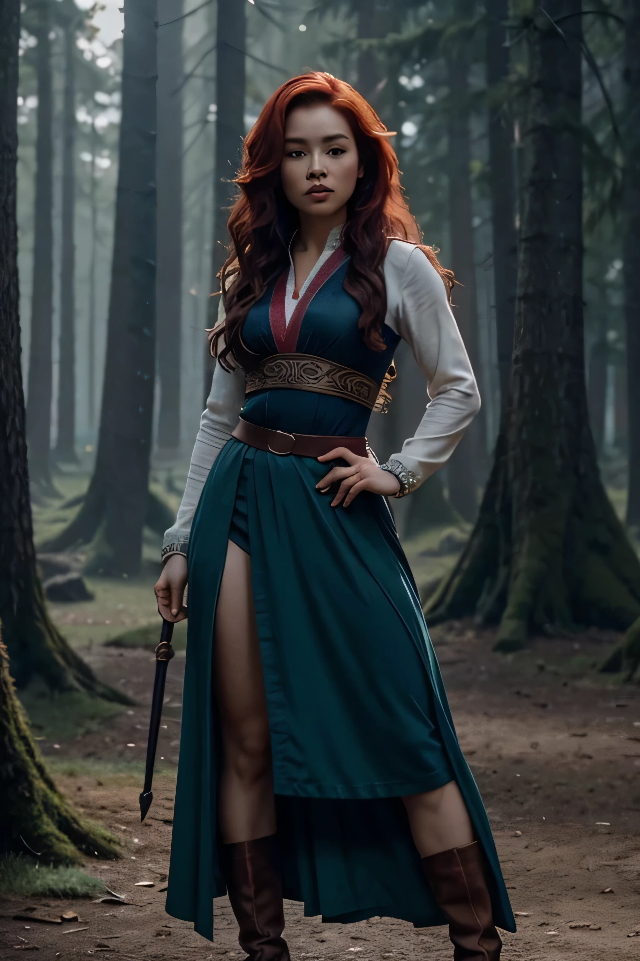 Merida dressed in a deep-low-cut the aesthetic of Mulan, full body