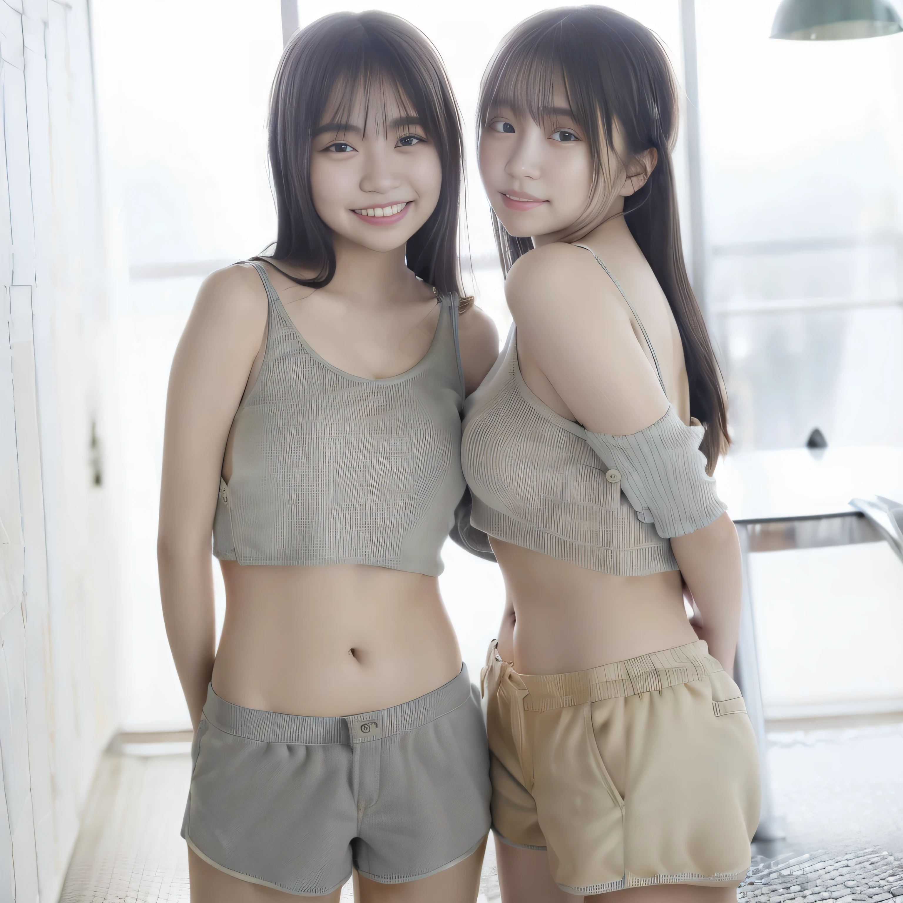 Cute identical twin sisters who look exactly the same、Sister hugs her sister from behind、((highest quality, 8k, table top: 1.3)), (coffin hut: 1.3),perfect body beauty: 1.4, (medium long hair: 1.2)), (Stylish Brown Cafe: 1.3), Highly detailed face and skin texture, whole body, fine eyes, double eyelid, whitened skin, long hair, (round face: 1.5), (loose crop top, shorts: 1.6)、smile with your mouth closed、Group of 2