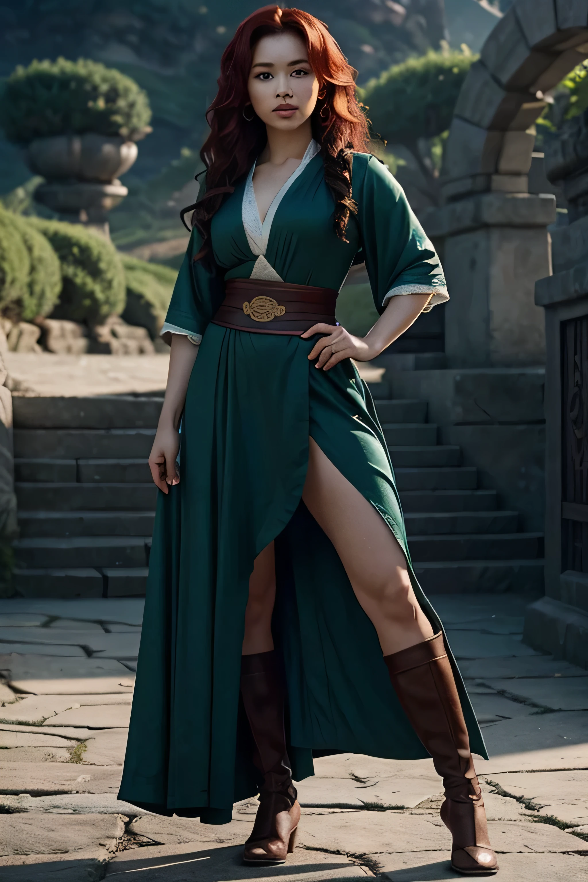 Merida dressed in a deep-low-cut the aesthetic of Mulan, full body