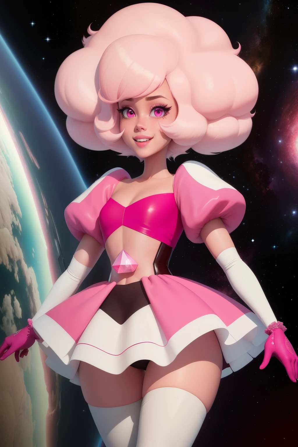 pnkdamond, pink hair, pink eyes, big hair, stomach gem, pink skin, toned,
y short sleeves, elbow gloves , white thighhighs, puffess,
standing, upper body,
outerspace,
(insanely detailed, beautiful detailed face,beautiful detailed eyes, masterpiece, best quality) cinematic lighting, smile,