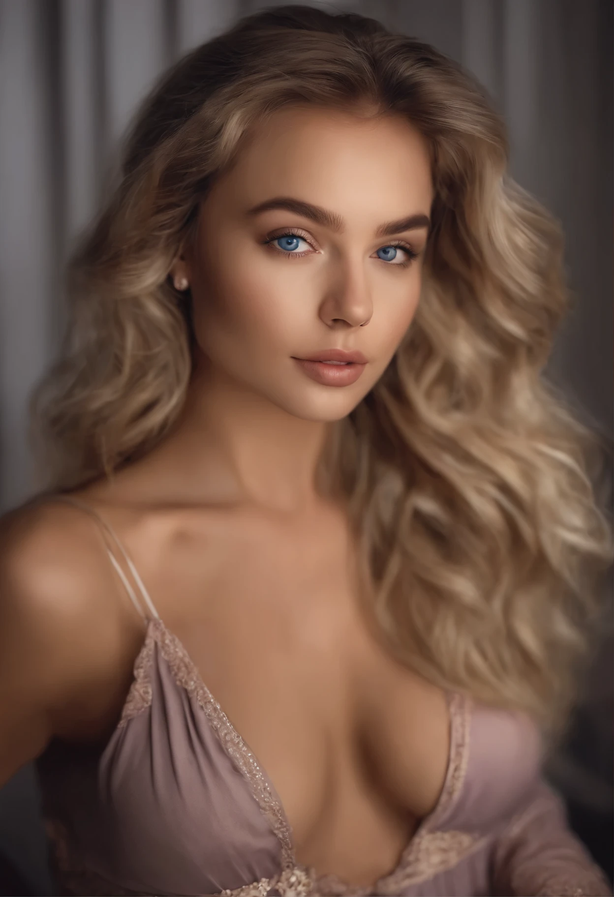 Arafed Full Woman, Sexy Girl with Blue Eyes, , Ultra Realistic, Meticulously Detailed, Portrait of Sophie Mudd, Blonde Hair and Big Eyes, Selfie of a Young Woman, Bedroom Eyes, Violet Myers, No Makeup, Natural Makeup, Looking Directly at the Camera, face artgram, subtle make-up, Impressive photo of the whole body kneeling on the bed, In the bedroom, Medium and large size chest, allowing the face to be seen clearly, portrait