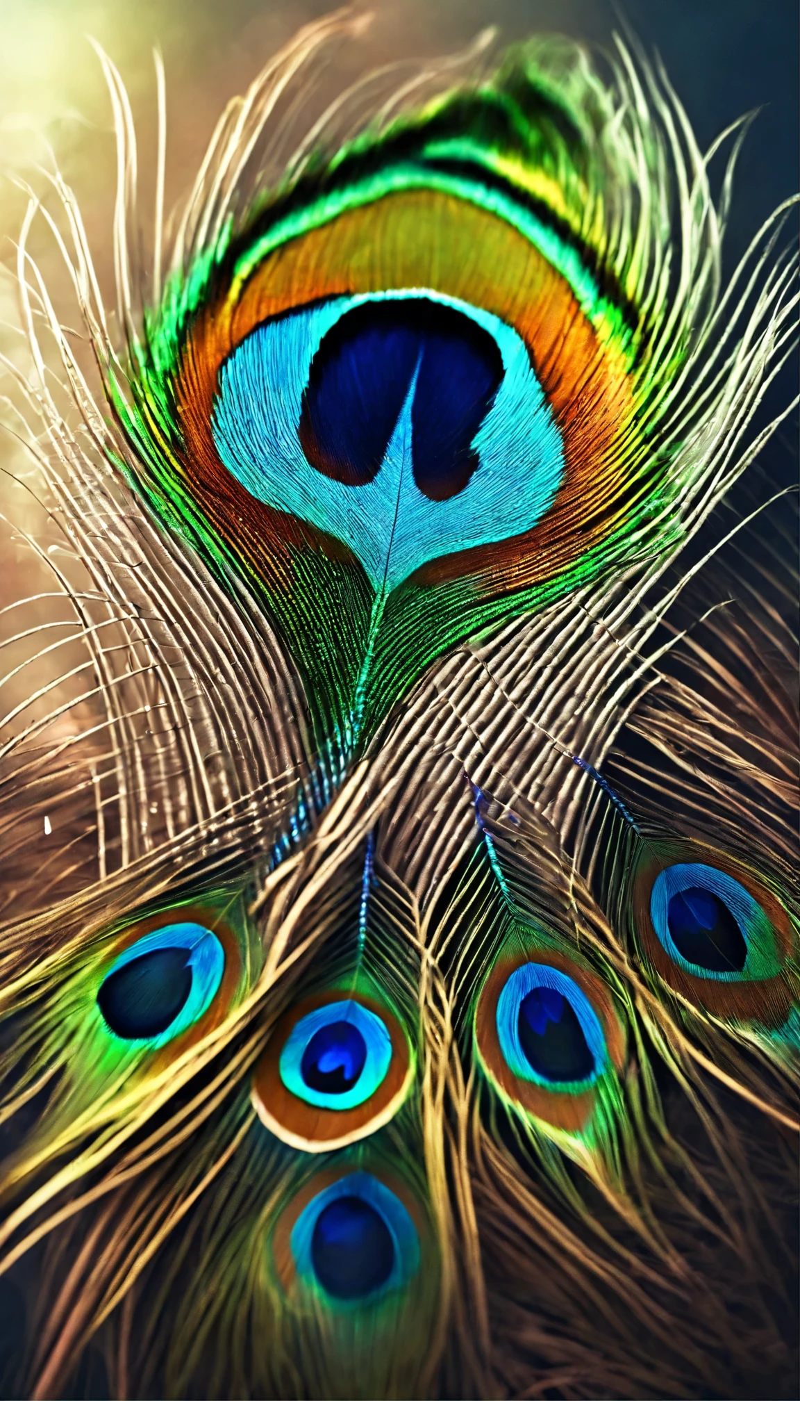Peacock feather, artistic conception, Light shines straight down from above