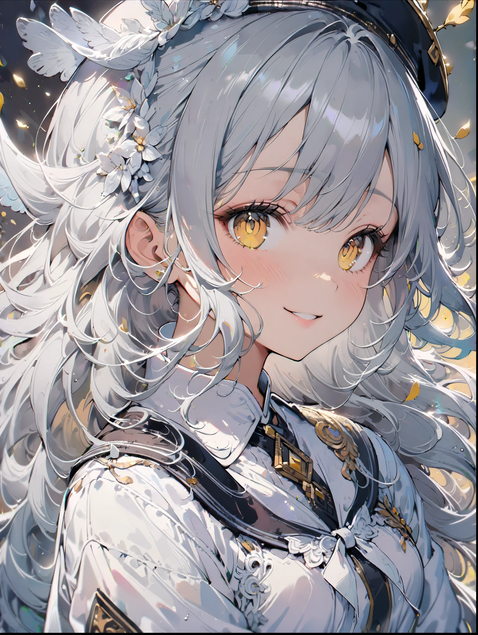 8K resolution, ((highest quality)), ((masterpiece)), ((super detailed)), (very delicate and beautiful), with a girl, solo, gentle expression, she is very(relax)with(Calm)Appearance,gray haired, Depth of the bounds written, bright smile, bright yellow eyes, bright white hair, beautiful background, Long Hair - Linear Art, black skirt, White uniform like a sailor suit, modest chest, Angel, Angelの白い翼, White feathers fluttering, Eyes that shine like amber, upper eye, wonderful eyes, whole body