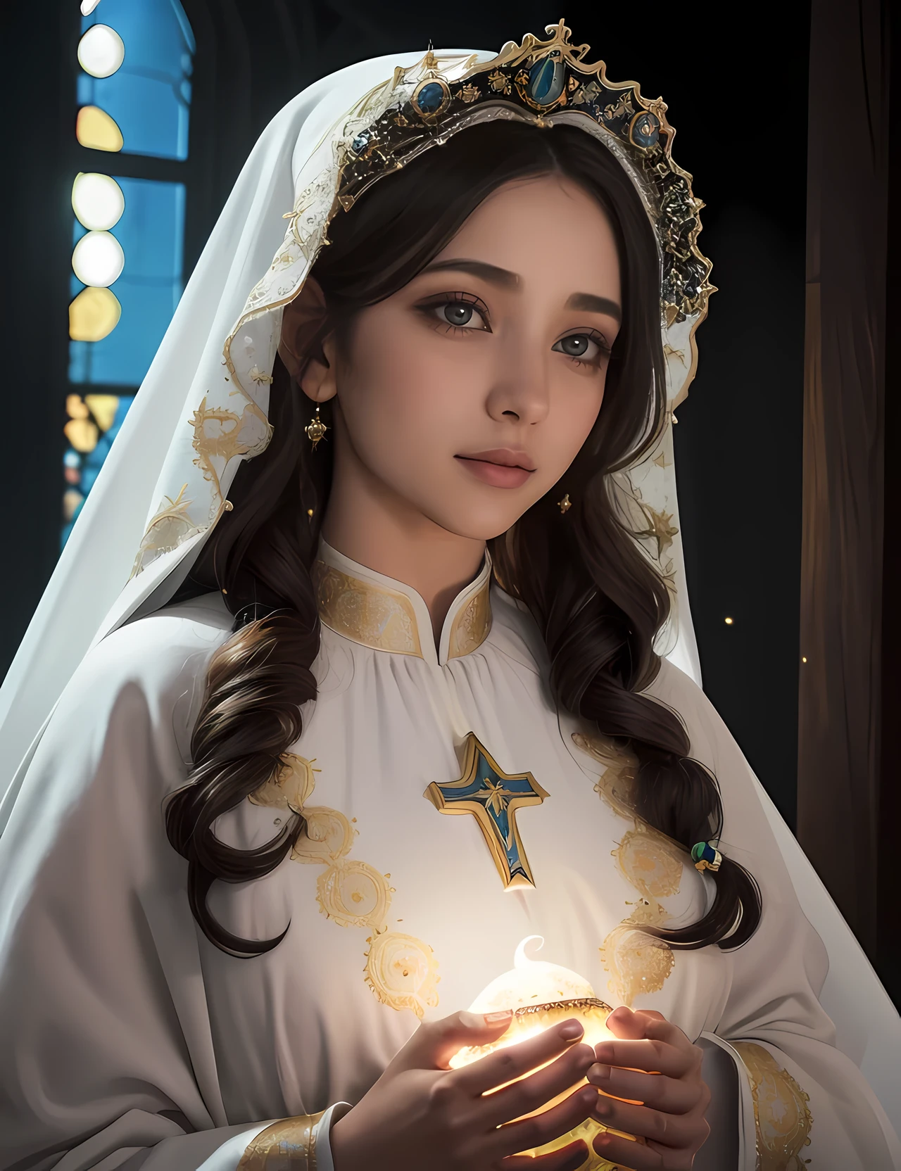 (((Virgin Mary))) masterpiece, (best quality: 1.2), (super fine: 1.2), figure, (very delicate and beautiful: 1.2), movie angle, floating, (Beautiful eyes in every detail: 1.1), (light details: 1.1), movie light, delicate sky, blue eyes, (high ponytail: 1.1), layer, offeros, (board member: 1. 2), (Luz de la board member: 1.1), starry sky, (particles of light: 1.1) drawing, flower. (masterpiece), (best quality), (realistic:1.3), 8k, detailed skin texture, detailed fabric texture, detailed beautiful face, intricate details, Super detailed (whole body:1.2)