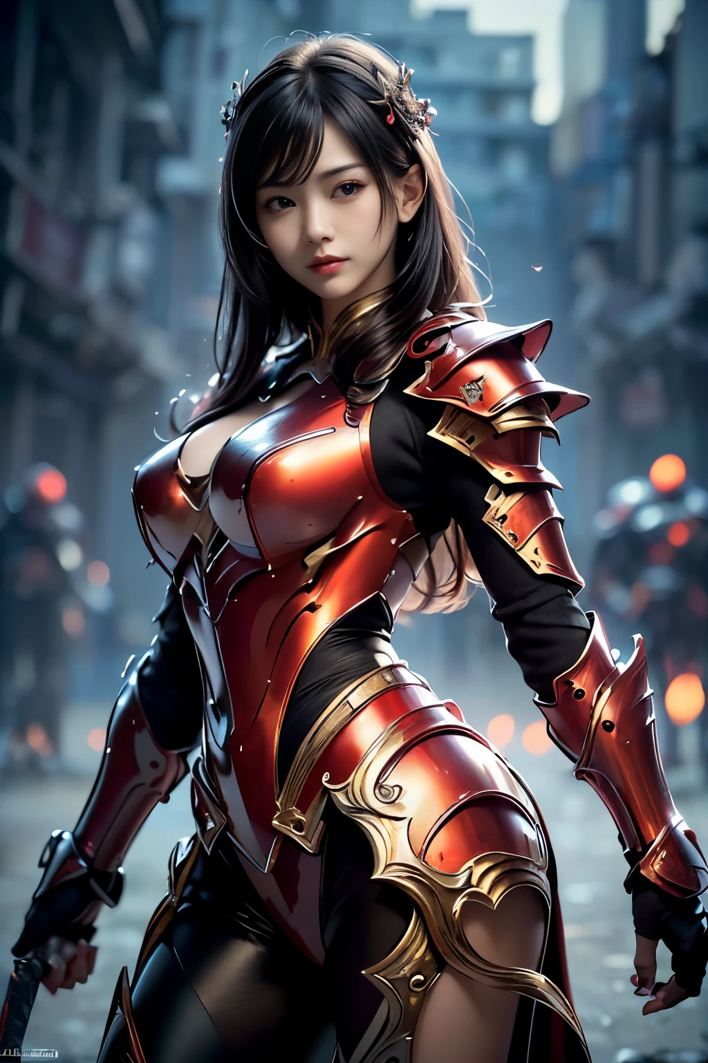 NSFW((masterpiece)), (((Best Quality))), ((Ultra-detailed)), (extremely detailed photo), ((extremely delicate and beautiful)),(Cute delicate face), a very cool looking character,((red and black armor and some glowing blades in her hands)), (tall girl),(A 38 years old Asian girl), holding weapon, solo,(dynamic pose)