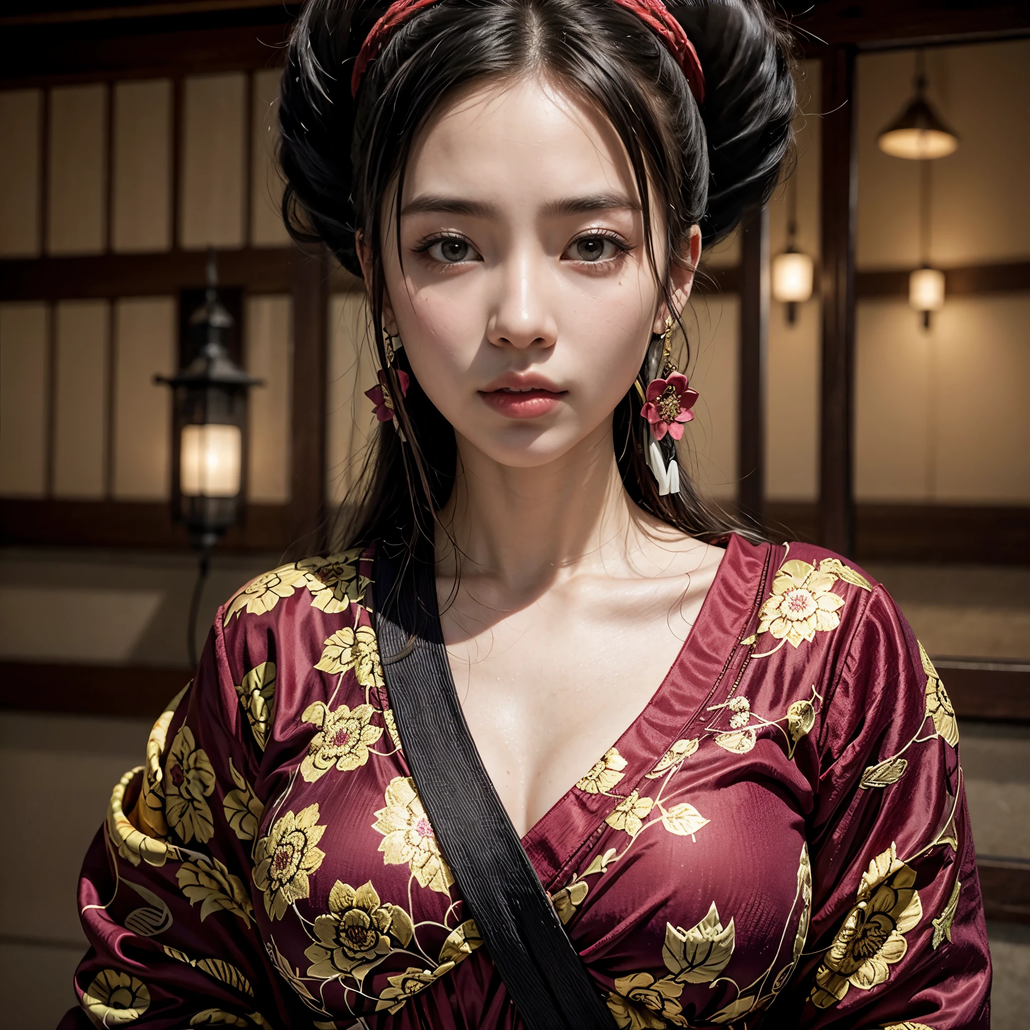A Japanese ninja woman (kunoichi), with full lips, full breasts, silky skin, wearing earrings, wearing a black straw hat, wearing a low-cut black ninja uniform, with details of white lotus flowers, beautiful dangerous woman, beautiful lady assassin , femme fatale, warrior goddess of Japan, skilled warrior, beautiful and wonderful assassin.