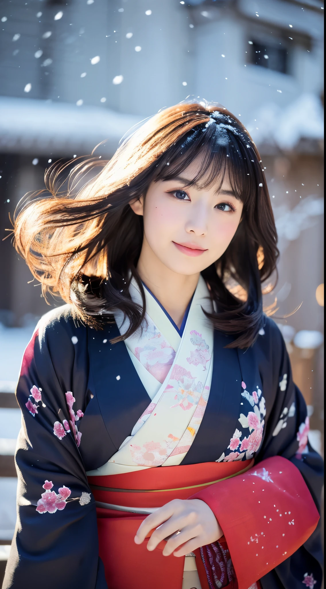 ((Kimono))、(full body Esbian)、(top-quality,​masterpiece:1.3,超A high resolution,),(ultra-detailliert,Caustics),(Photorealsitic:1.4,RAW shooting,)Ultra-realistic capture,A highly detailed、 Skin texture is natural、25-years old、The skin looks healthy with an even tone、 Use natural light and color、One Woman,japanes、A dark-haired,Middle hair,、(Falling snow:1.1)、(Hair swaying in the wind:1.3)、(Snow reflects light)、Light in the eyes、Looking at the camera