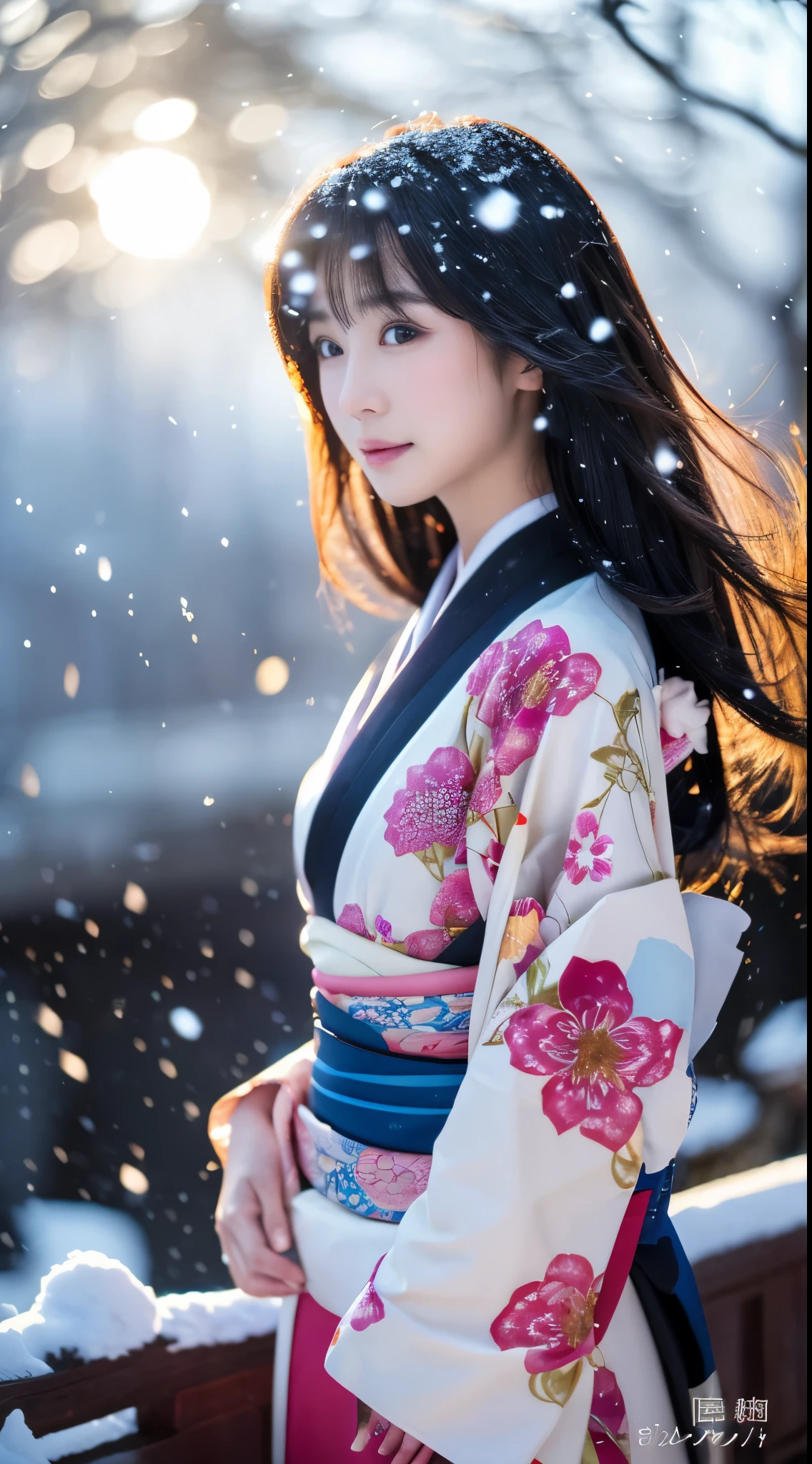 ((Kimono))、(full body Esbian)、(top-quality,​masterpiece:1.3,超A high resolution,),(ultra-detailliert,Caustics),(Photorealsitic:1.4,RAW shooting,)Ultra-realistic capture,A highly detailed、 Skin texture is natural、25-years old、The skin looks healthy with an even tone、 Use natural light and color、One Woman,japanes、A dark-haired,Middle hair,、(Falling snow:1.1)、(Hair swaying in the wind:1.3)、(Snow reflects light)、Light in the eyes、Looking at the camera