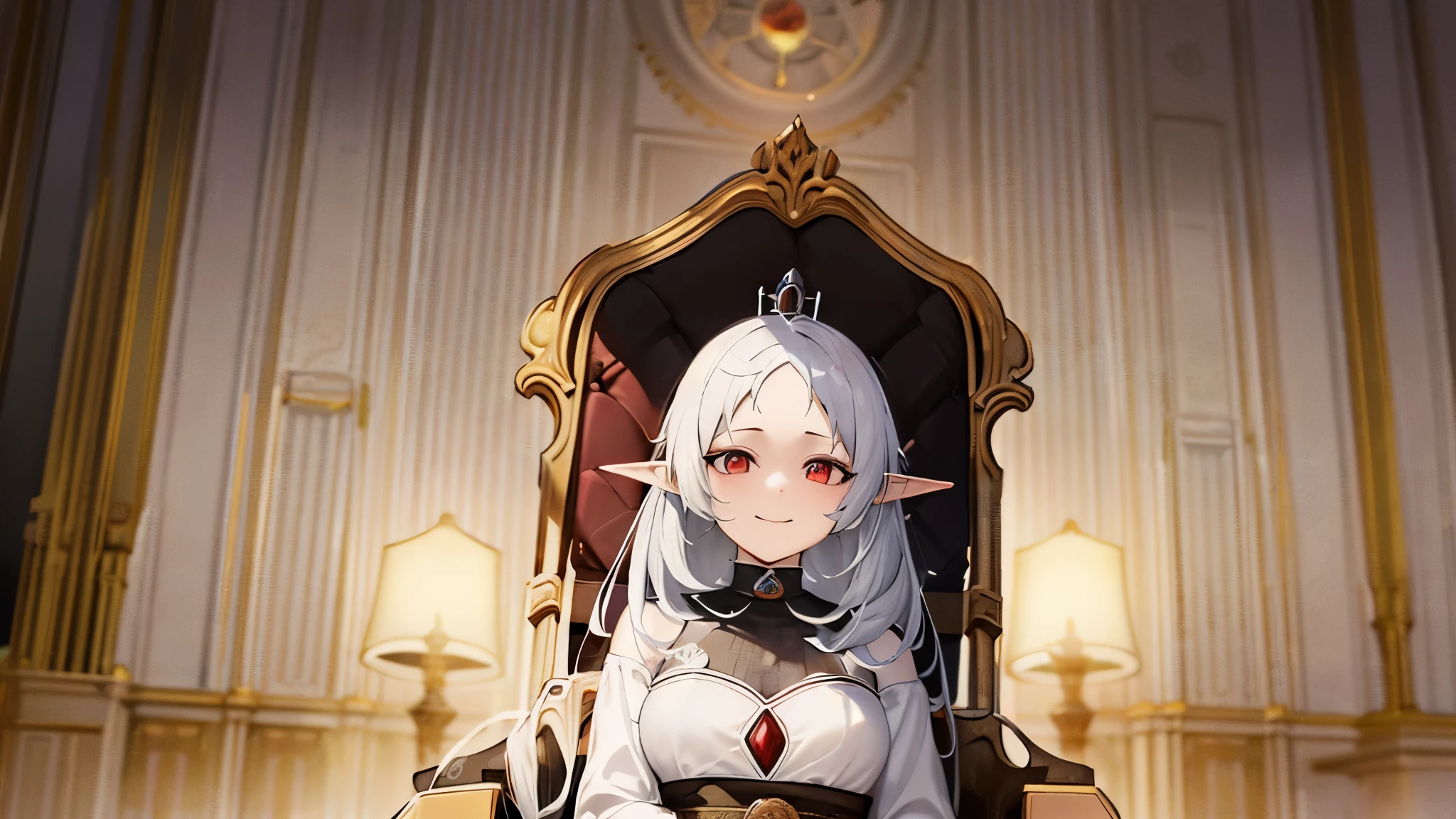 (a masterpiece of digital artwork with the finest quality and finest details:1.2),(an elaborate and stunning portrayal of an elf queen with a smug expression and piercing red eyes),(sitting on her throne under dim lighting, evil intentions flickering across her face), her crown glinting in the shadows.