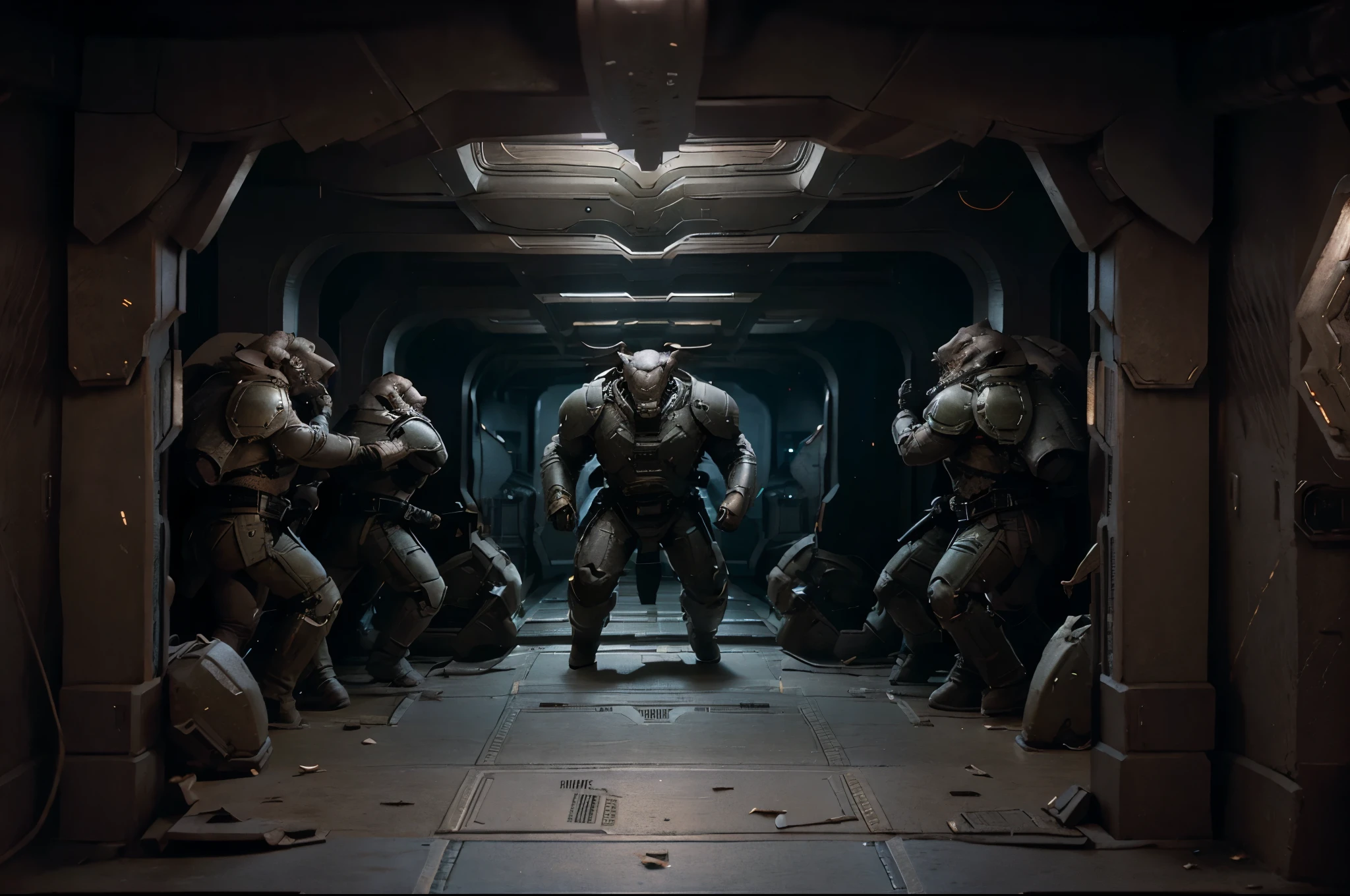 ((a group of minotaurs in battle armor running down a corridor while shooting guns)), side view, battle, side shot, weapons fire, photo realistic, best, masterpiece, starship interior, boarding action, hyper realistic starship battle scene, spaceship battle scene, multiple minotaur in battle armor, full body shot, epic space battle