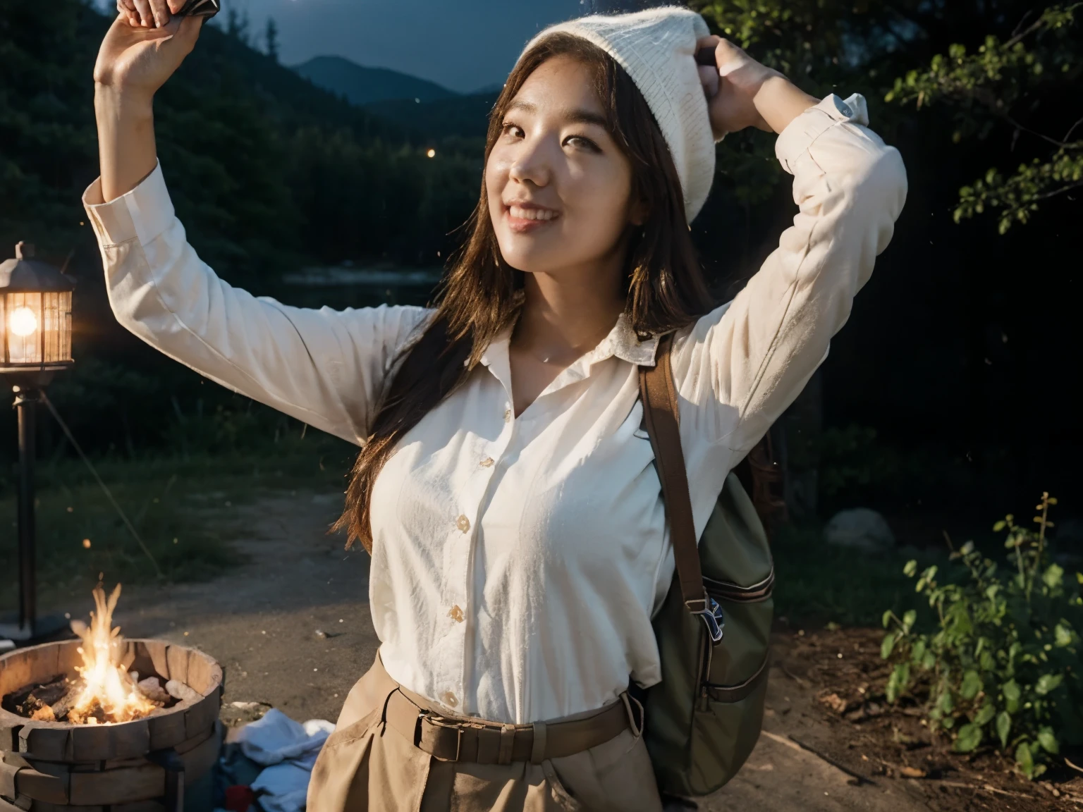 chae soo bin((upper body selfie, happy)), masterpiece, best quality, ultra-detailed, solo, outdoors, (night), mountains, nature, (stars, moon) cheerful, happy, backpack, sleeping bag, camping stove, water bottle, mountain boots, gloves, sweater, hat, flashlight, forest, rocks, river, wood, smoke, shadows, contrast, clear sky, analog style (look at viewer:1.2) (skin texture), (warm hue, warm tone)