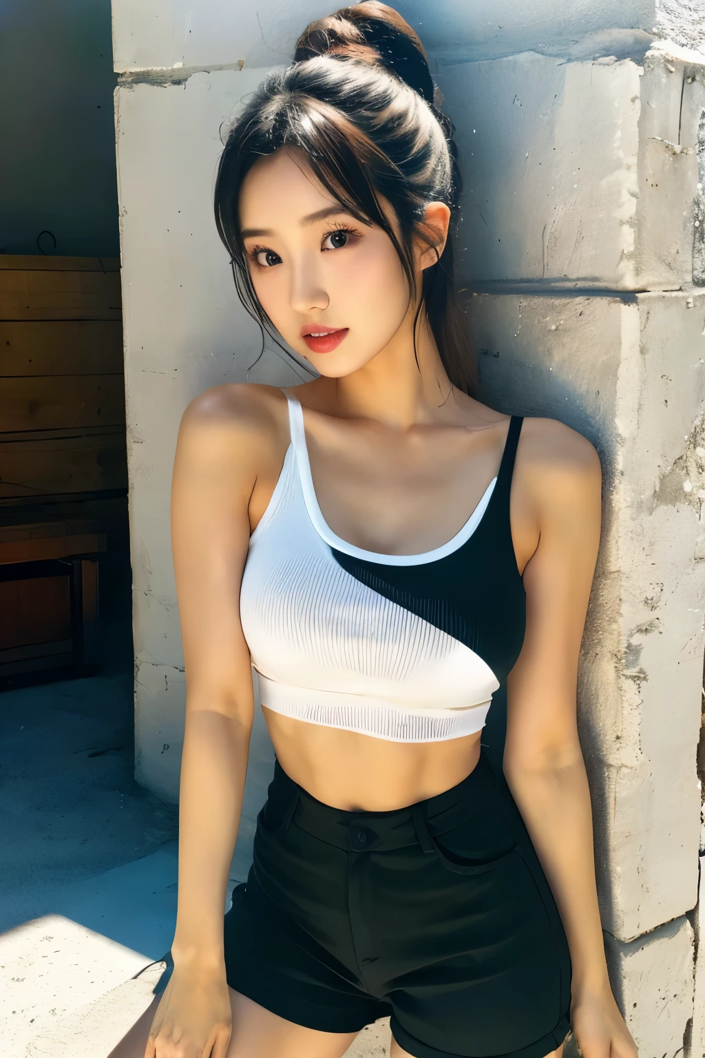 there is a woman posing in a white tank top and black shorts, korean girl, 2 7 years old, wearing tanktop, 2 4 year old female model, sakimichan, 2 8 years old, wearing white camisole, 2 9 years old, asian girl, wearing a low cut tanktop, 2 2 years old
