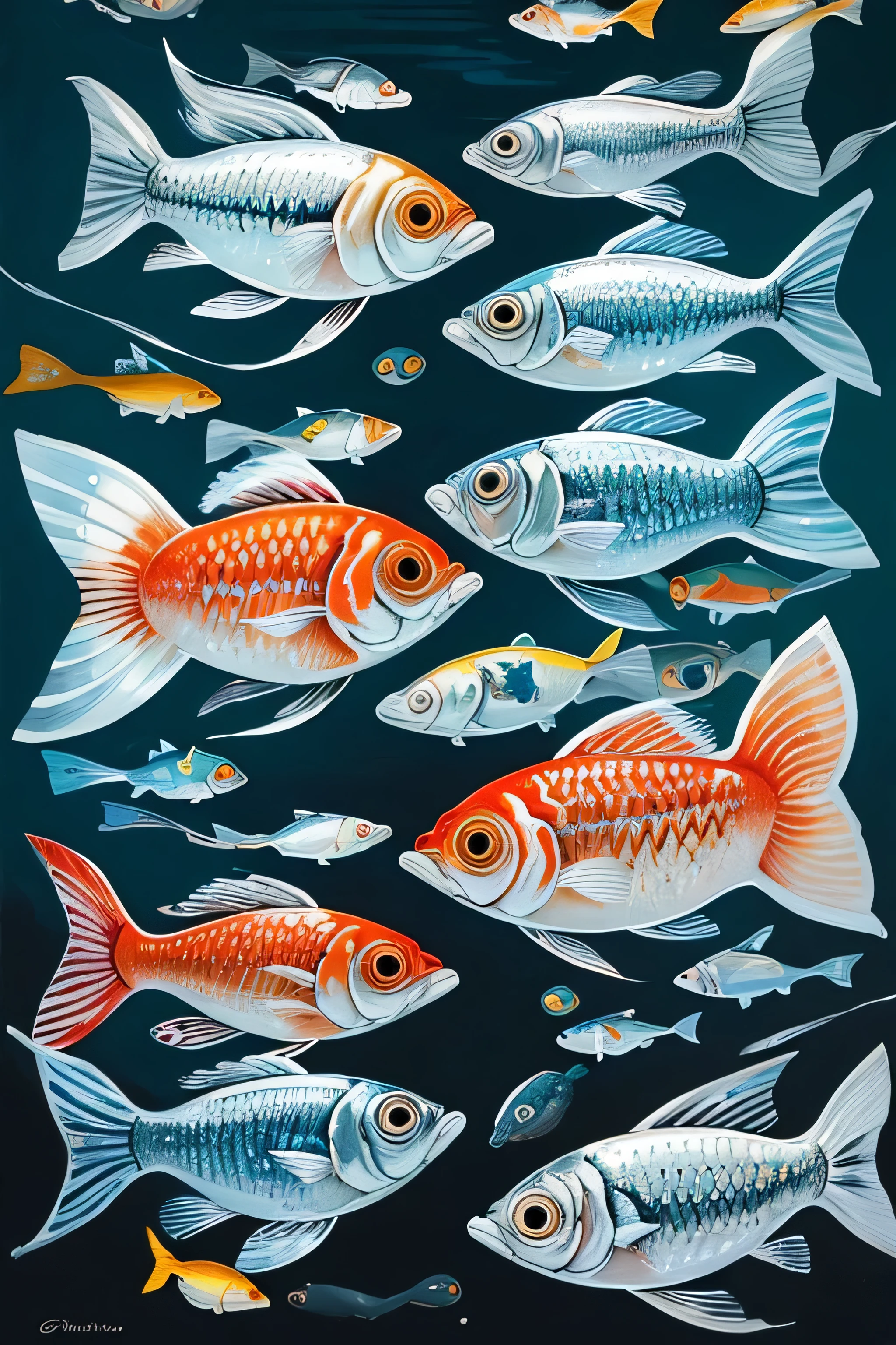 a painting of a group of fish with eyes on a white surface, and gouache by Géza Udvary, reddit, mingei, fishes, school of fishes, school of fish, tempera on wood, oil on board, sardine in a can, swirling silver fish, fishes swimming, oil-on-canvas, swirling schools of silver fish