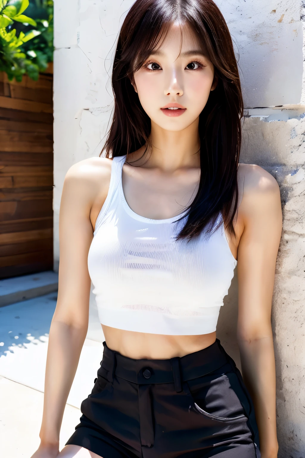 there is a woman posing in a white tank top and black shorts, korean girl, 2 7 years old, wearing tanktop, 2 4 year old female model, sakimichan, 2 8 years old, wearing white camisole, 2 9 years old, asian girl, wearing a low cut tanktop, 2 2 years old