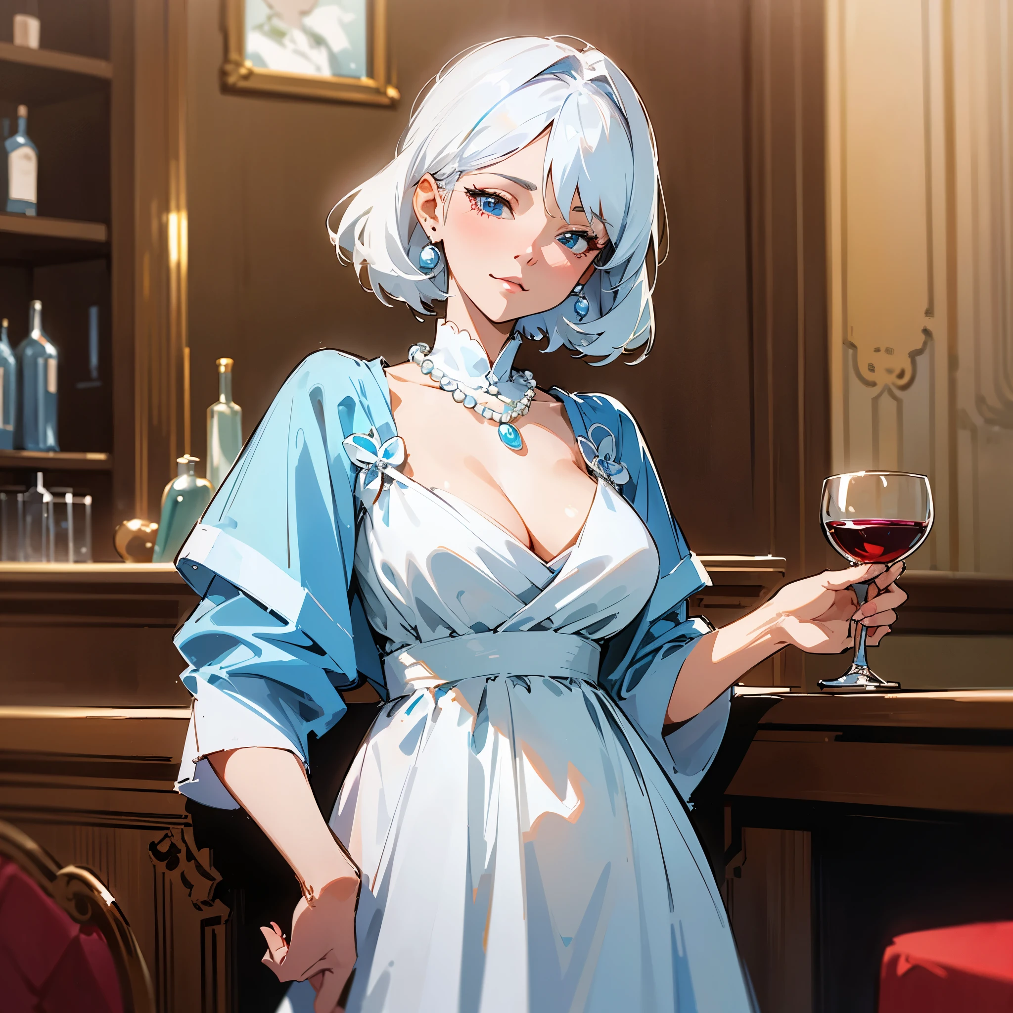 Beautiful girl, rosto angelical, face detailed ( extremely sad expression),  (melancholic), holding a glass of wine, sitting at the counter of a wine cellar, blue eye, light hair, work of art, ((ultra detaild)), ((4K)),, having a drink, Drunk, glad, Grinning, (shunlight)