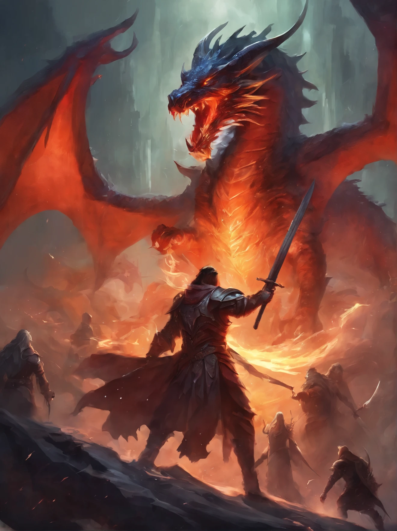 fighting, corpse, bloody, rain, warrior, theme, long sword, sword, current, like, beam, monster, three people, struggle, violent art style, dragon background