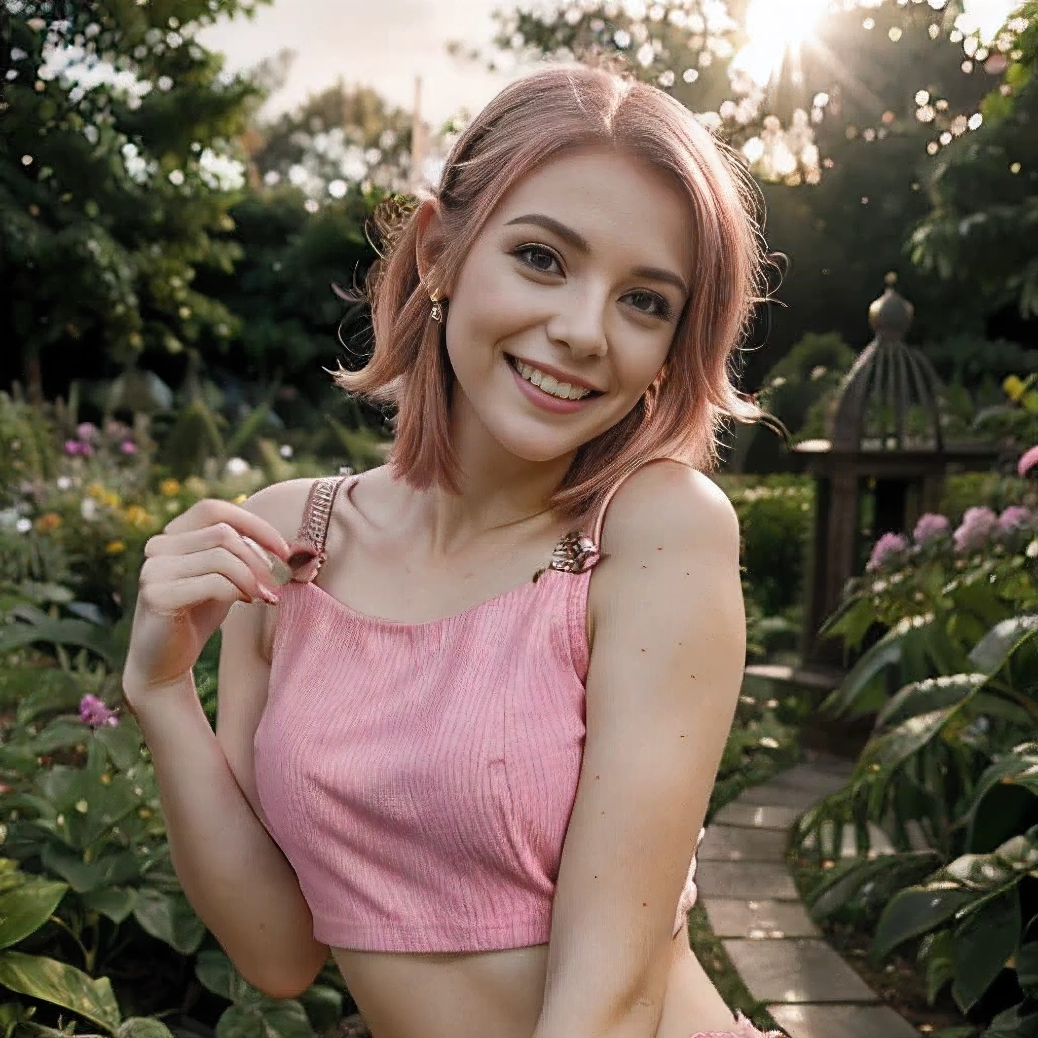 eva elfe, cheveux roses, jardin botanique, haut rose, sourire, mischievous, Photo shoot, at dusk